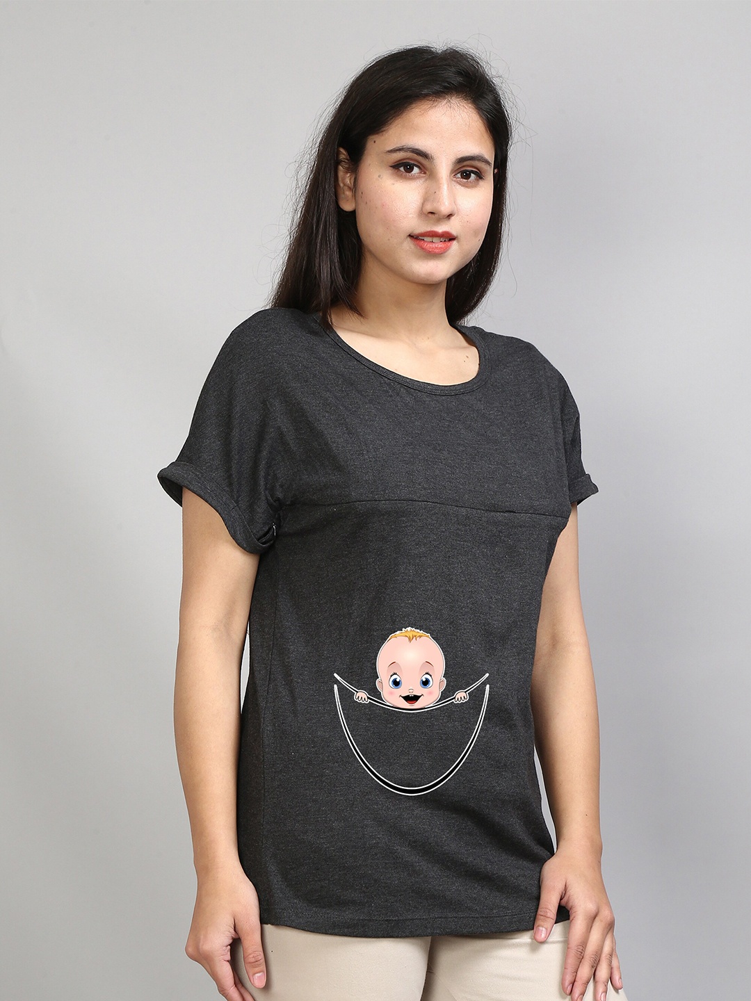 

SillyBoom Graphic Printed Extended Sleeves Cotton Lycra Maternity T-shirt, Charcoal