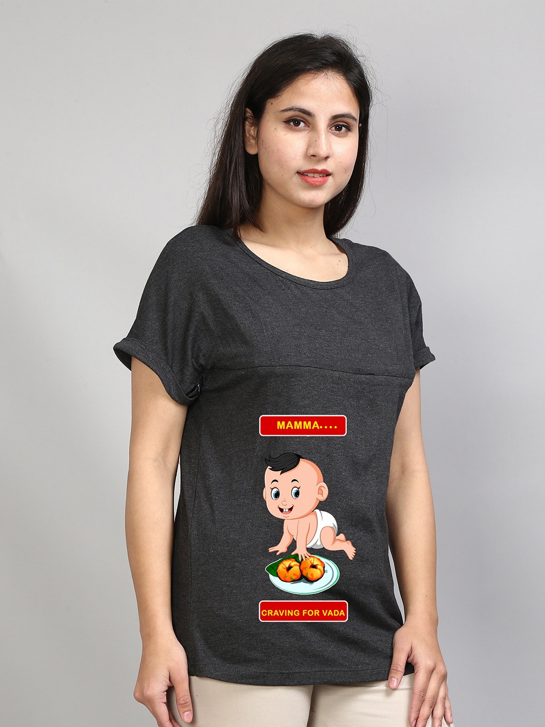

SillyBoom Graphic Printed Extended Sleeves Cotton Lycra Maternity T-shirt, Charcoal