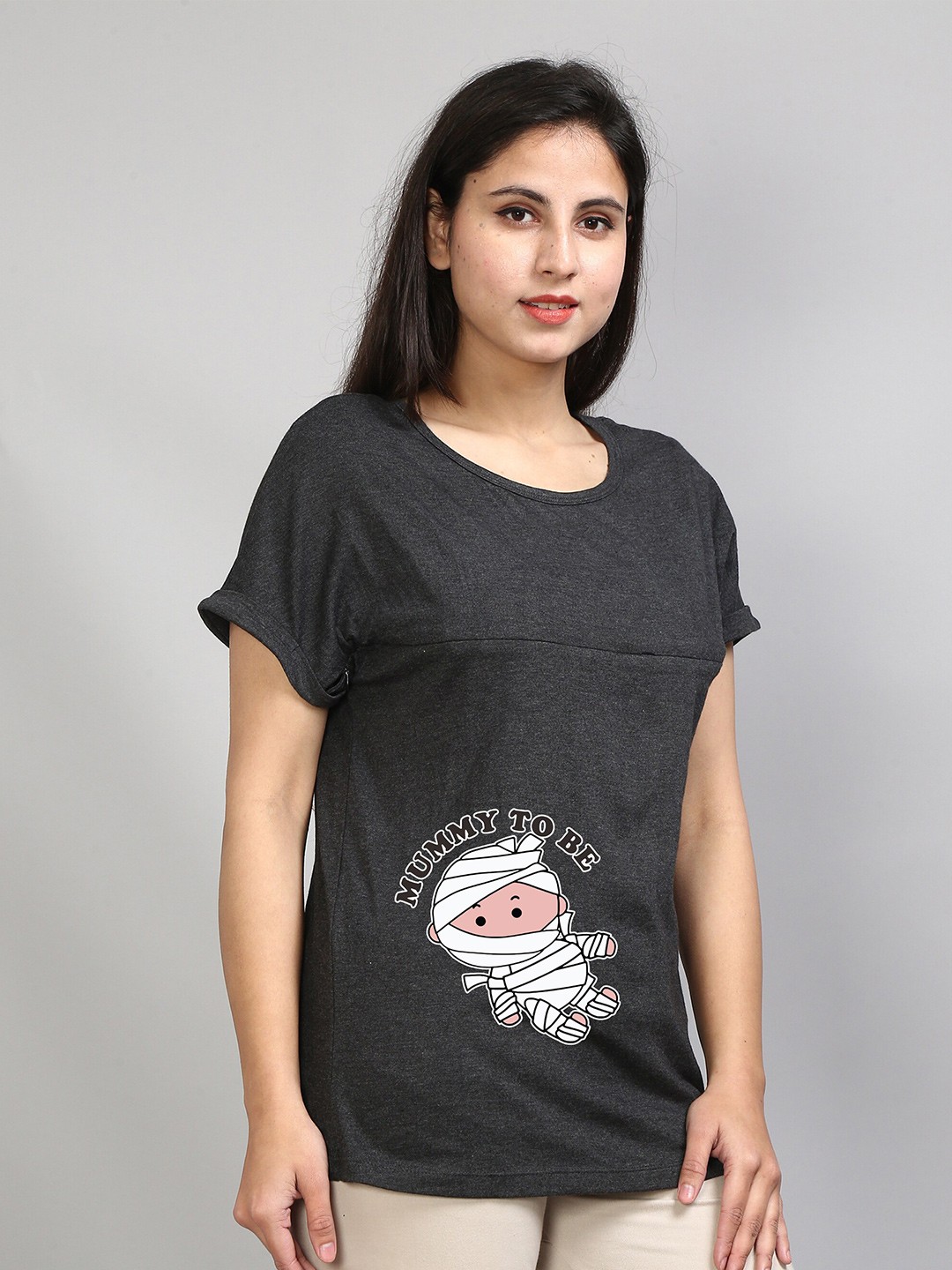 

SillyBoom Graphic Printed Round Neck Cotton Maternity T-shirt, Charcoal