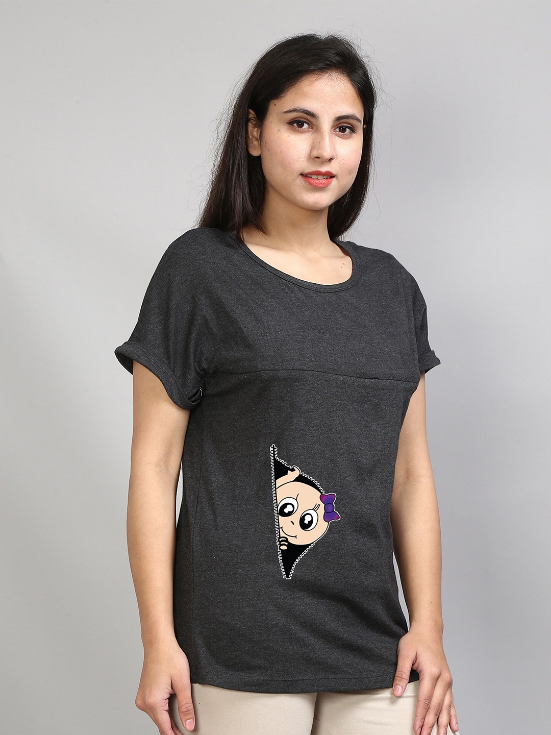 

SillyBoom Graphic Printed Round Neck Maternity Feeding T-Shirt, Charcoal