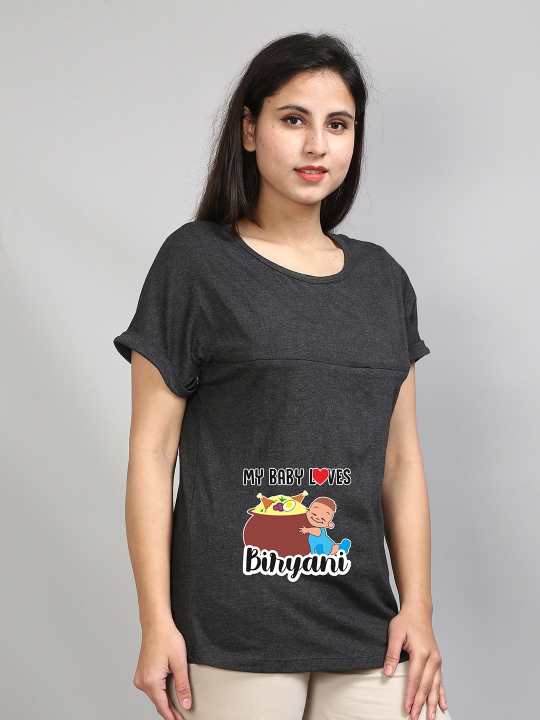 

SillyBoom Graphic Printed Round Neck Cotton Maternity T-shirt, Charcoal