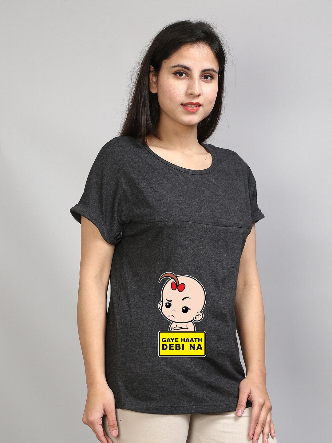

SillyBoom Graphic Printed Extended Sleeves Maternity Feeding T-Shirt, Charcoal