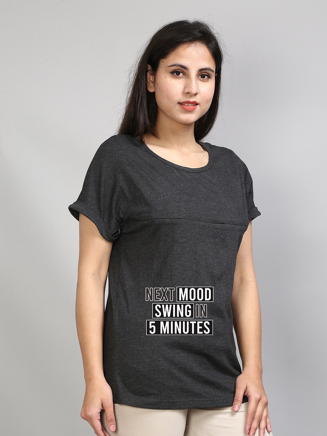 

SillyBoom Typographic Printed Extended Sleeves Cotton Lycra Maternity T-shirt, Charcoal