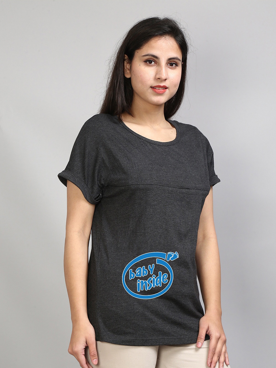 

SillyBoom Typographic Printed Extended Sleeves Cotton Lycra Maternity T-shirt, Charcoal