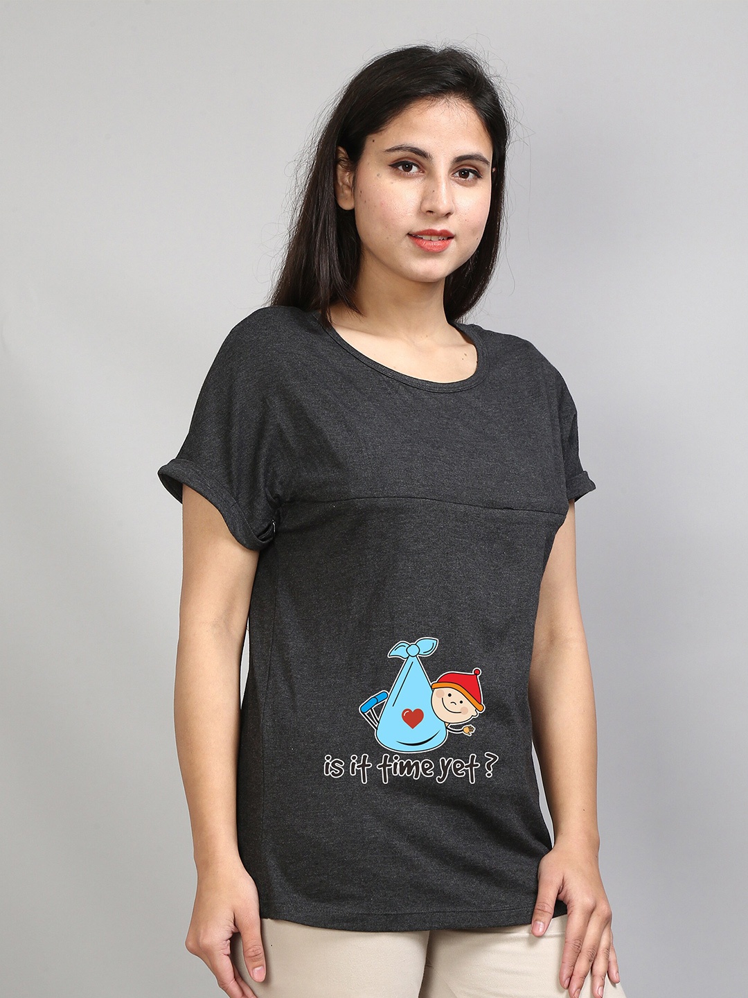 

SillyBoom Graphic Printed Extended Sleeves Cotton Lycra Maternity T-shirt, Charcoal