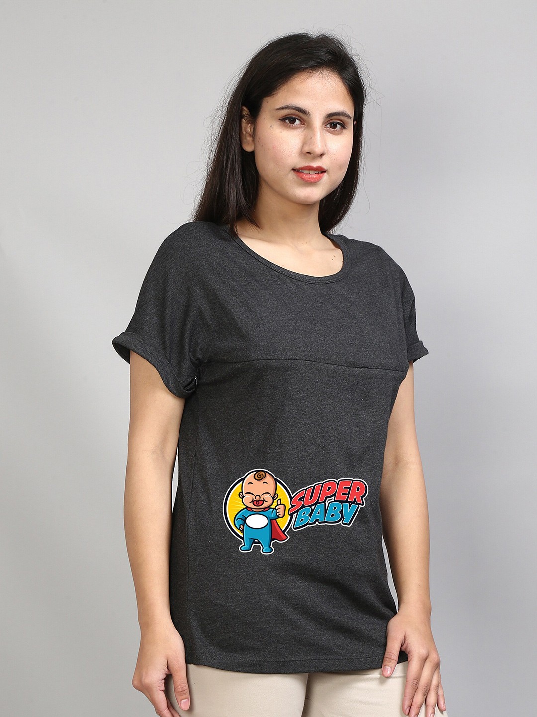 

SillyBoom Typographic Printed Extended Sleeves Cotton Lycra Maternity T-shirt, Charcoal
