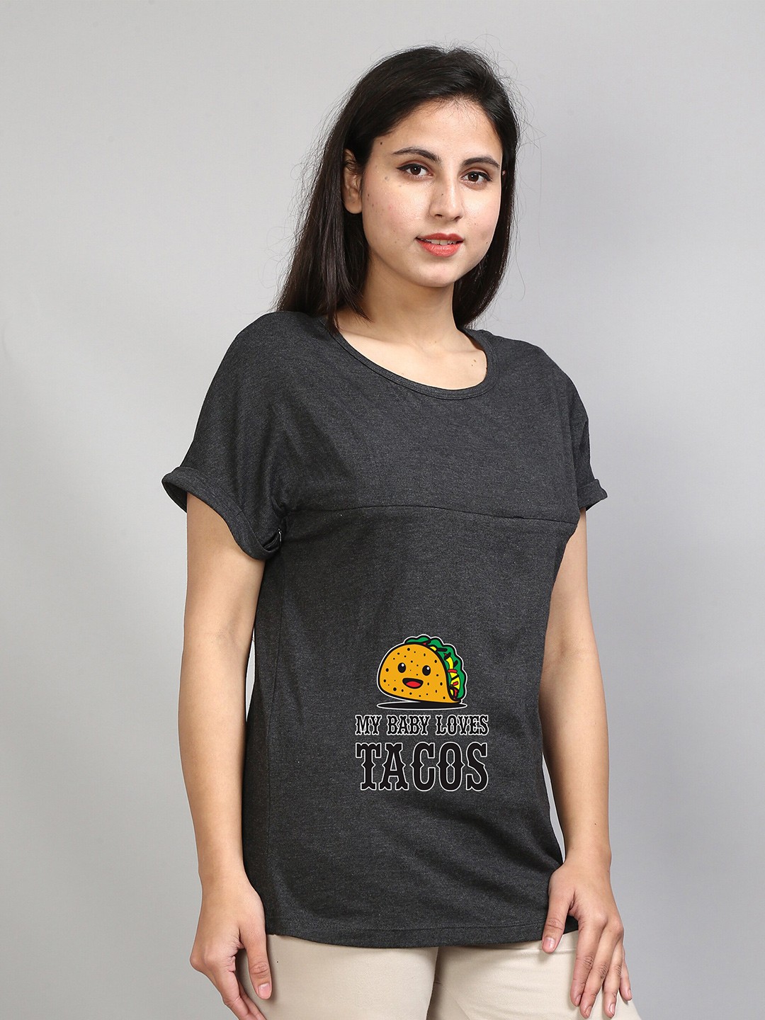 

SillyBoom Graphic Printed Extended Sleeves Cotton Lycra Maternity T-shirt, Charcoal