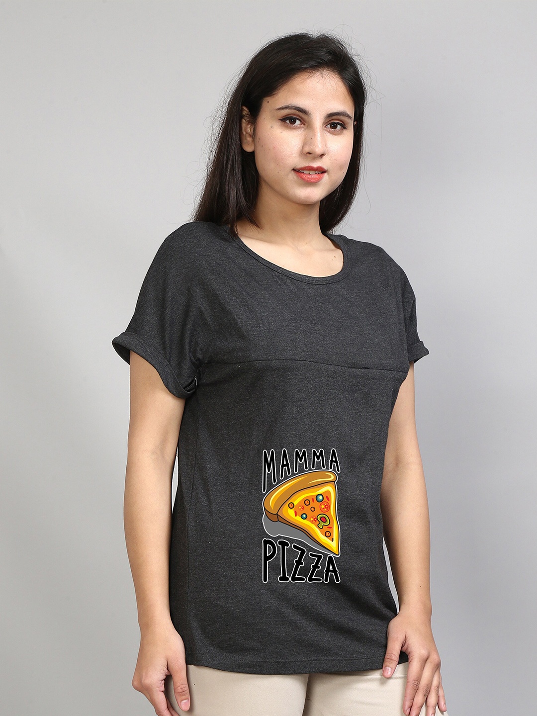 

SillyBoom Graphic Printed Extended Sleeves Cotton Lycra Maternity T-shirt, Charcoal