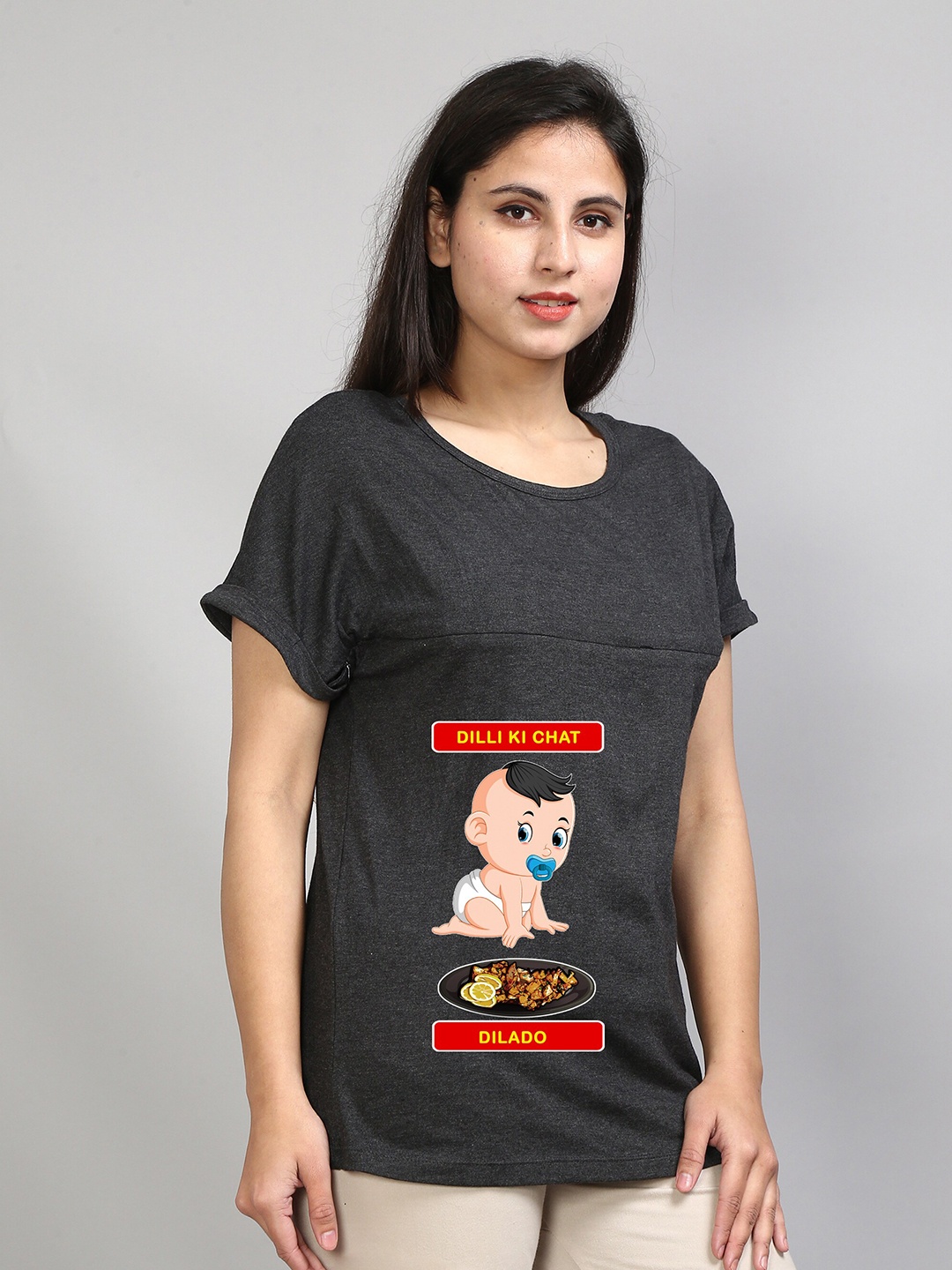 

SillyBoom Graphic Printed Extended Sleeves Cotton Lycra Maternity T-shirt, Charcoal