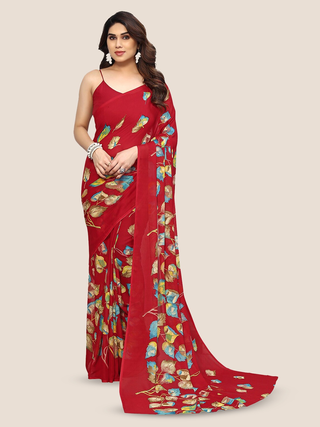 ANAND SAREES Floral Printed Pure Georgette Saree, Red