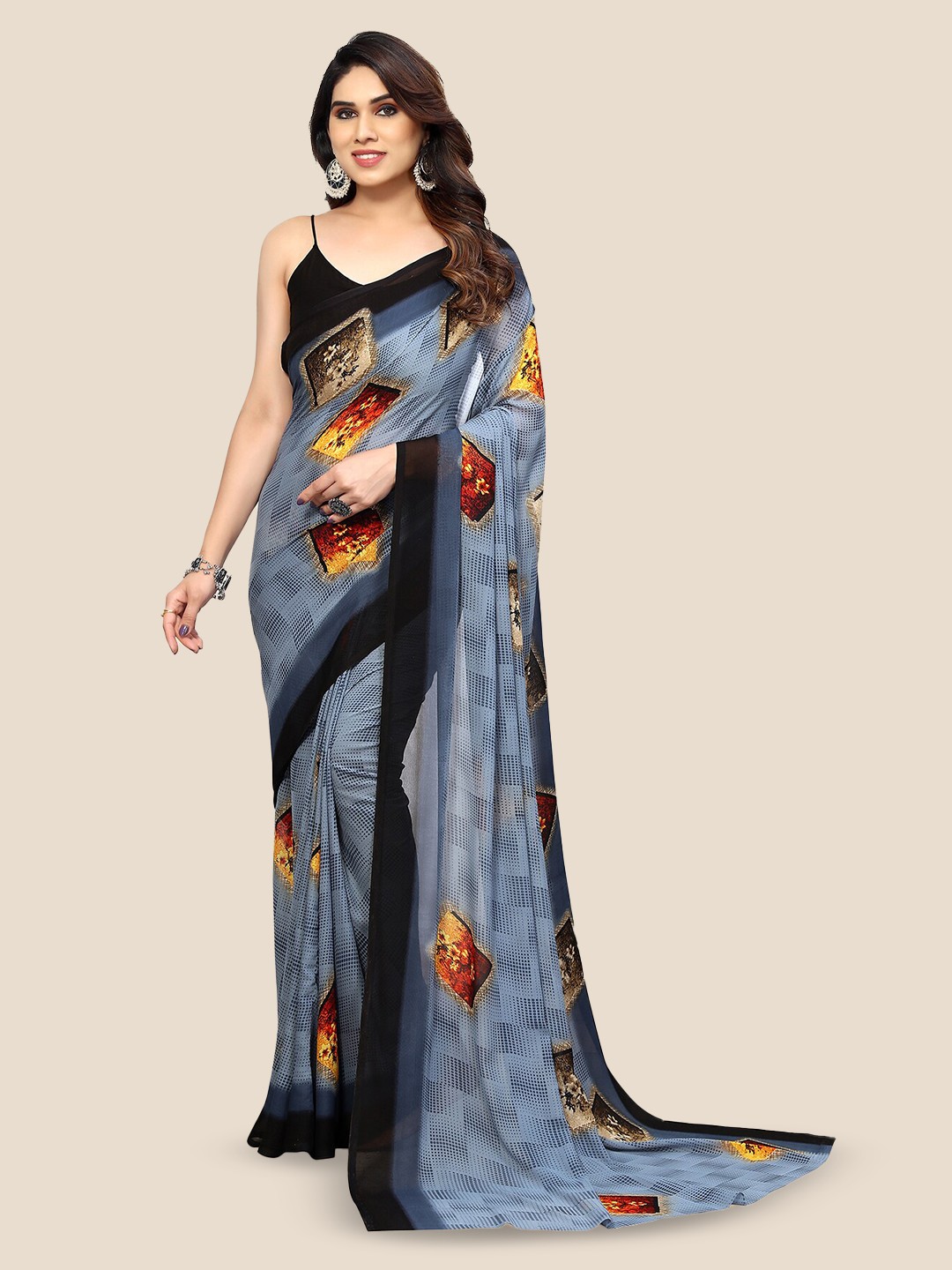 

ANAND SAREES Floral Printed Pure Georgette Saree, Grey