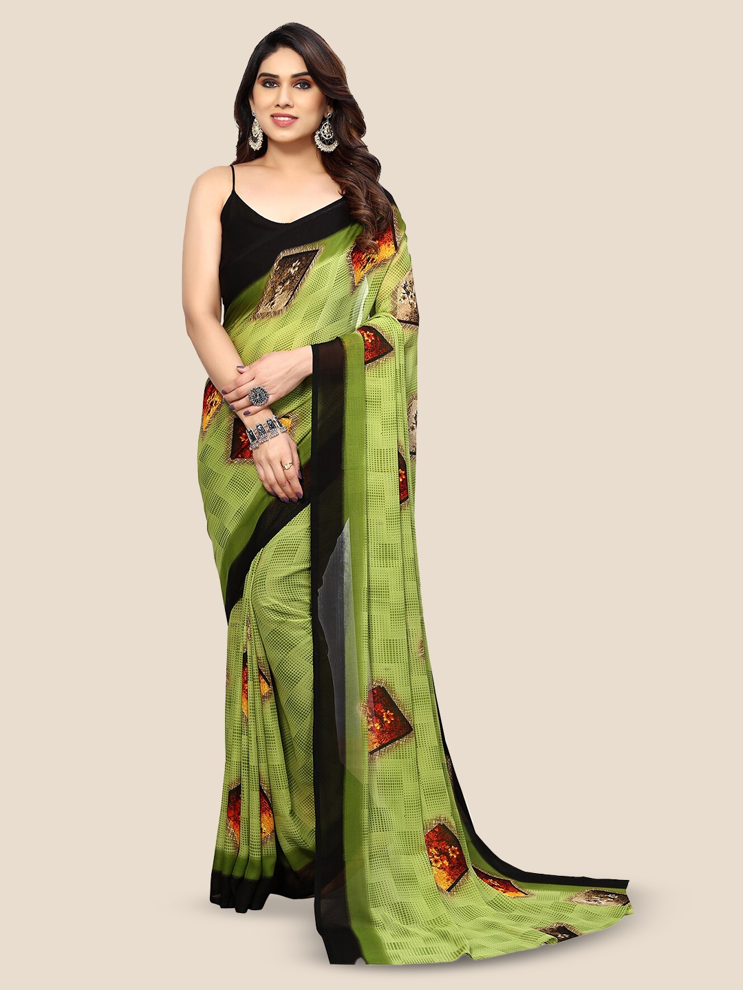 

ANAND SAREES Floral Printed Pure Georgette Saree, Lime green