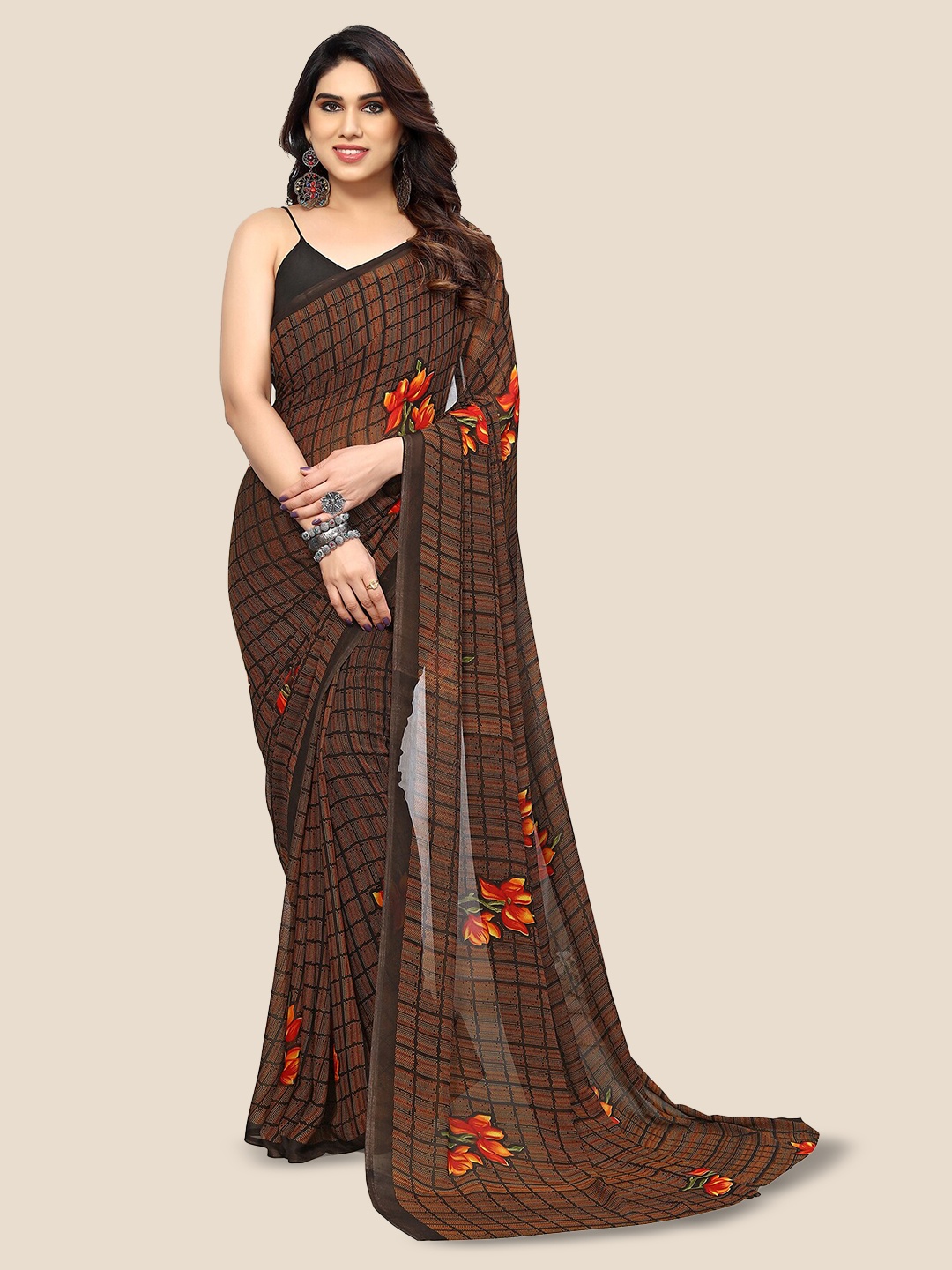 

ANAND SAREES Floral Printed Pure Georgette Saree, Brown