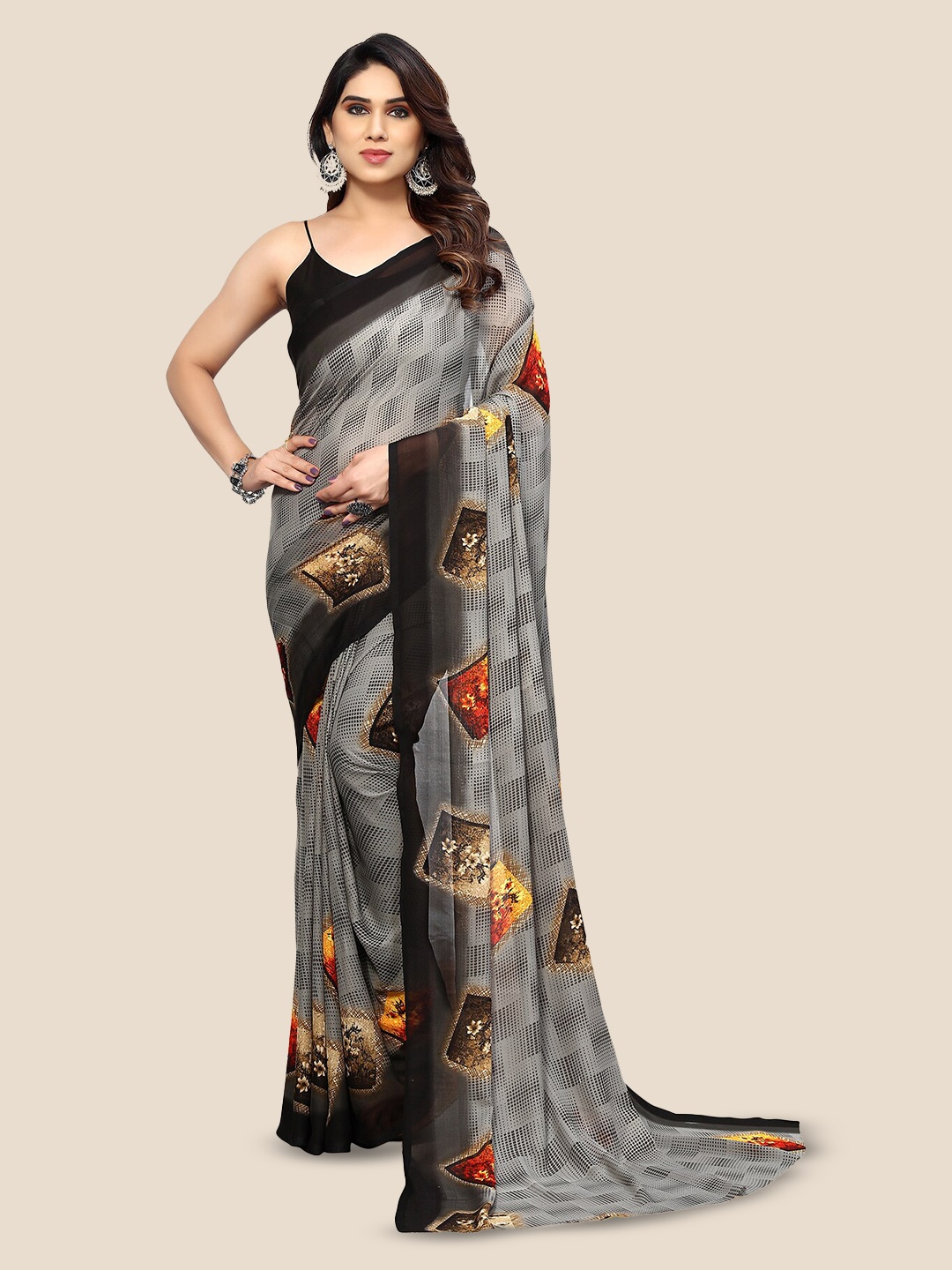 

ANAND SAREES Floral Printed Pure Georgette Saree, Grey
