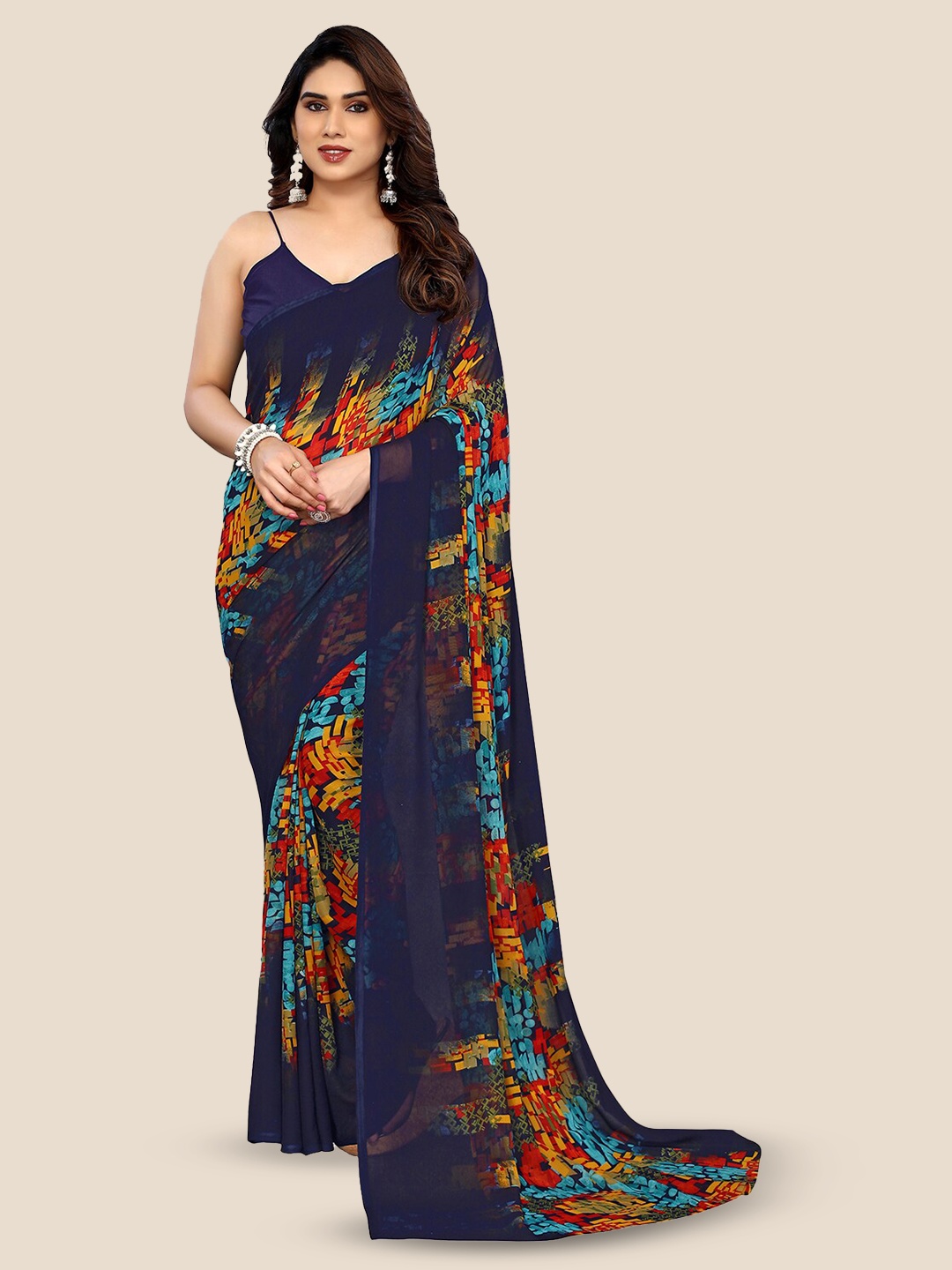 

ANAND SAREES Abstract Printed Pure Georgette Saree, Navy blue