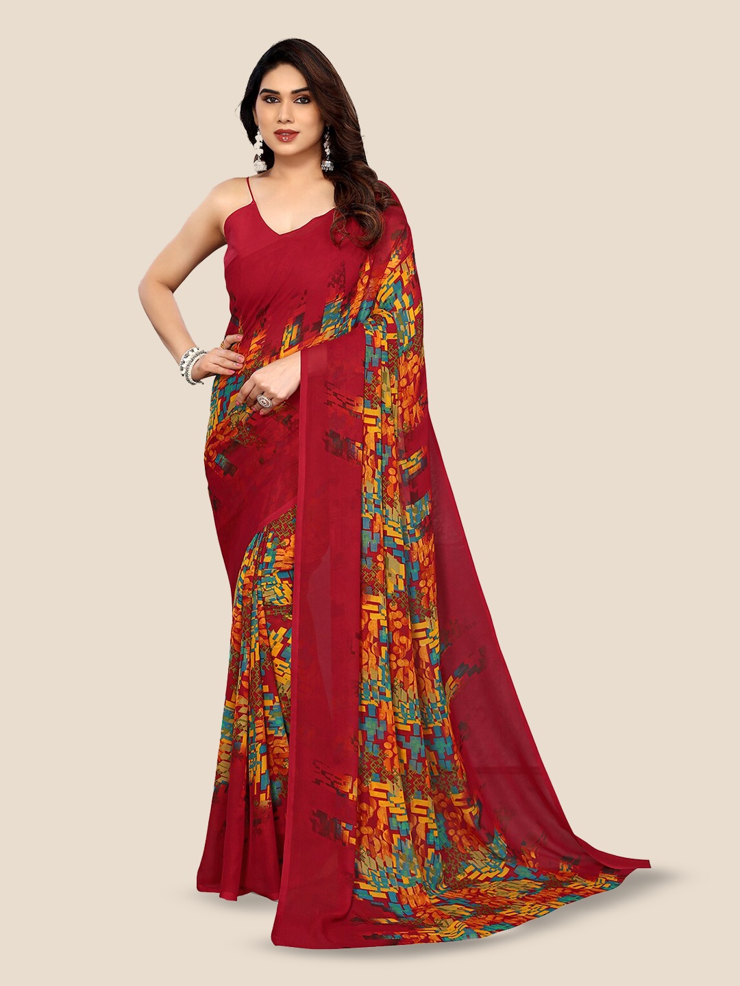 

ANAND SAREES Abstract Printed Pure Georgette Saree, Red