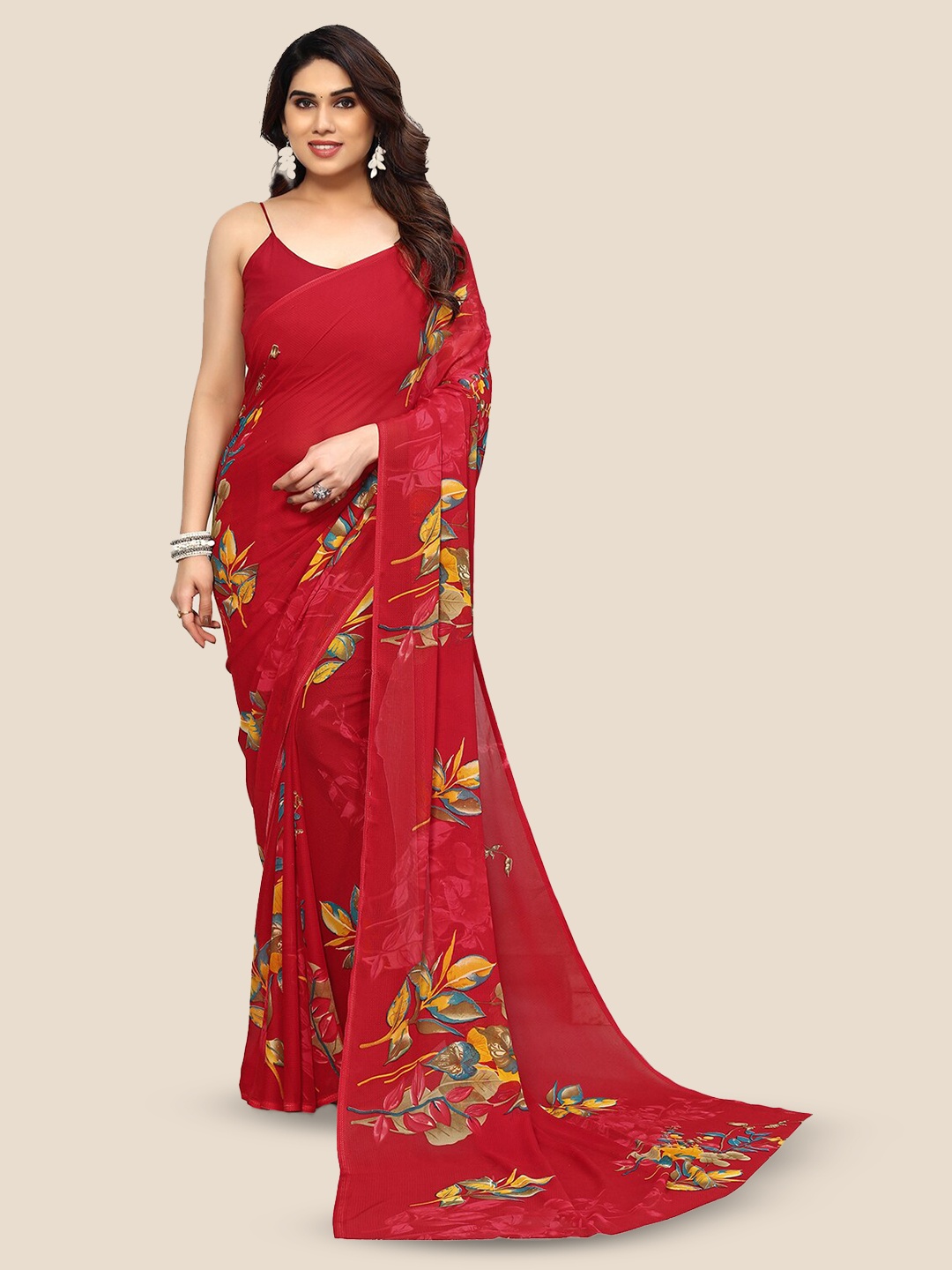 

ANAND SAREES Floral Printed Pure Georgette Saree, Red