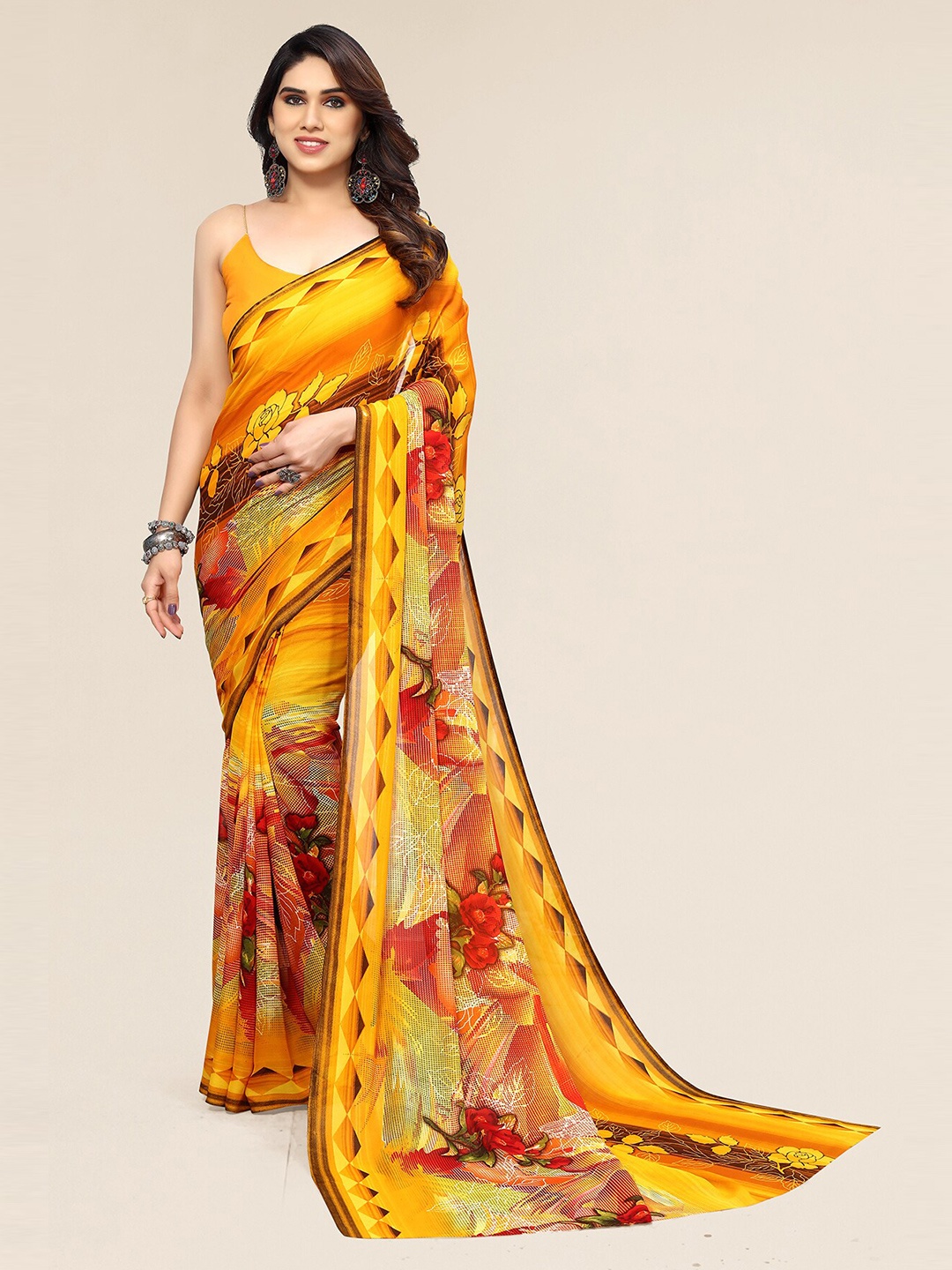 

KALINI Floral Printed Pure Georgette Saree, Yellow