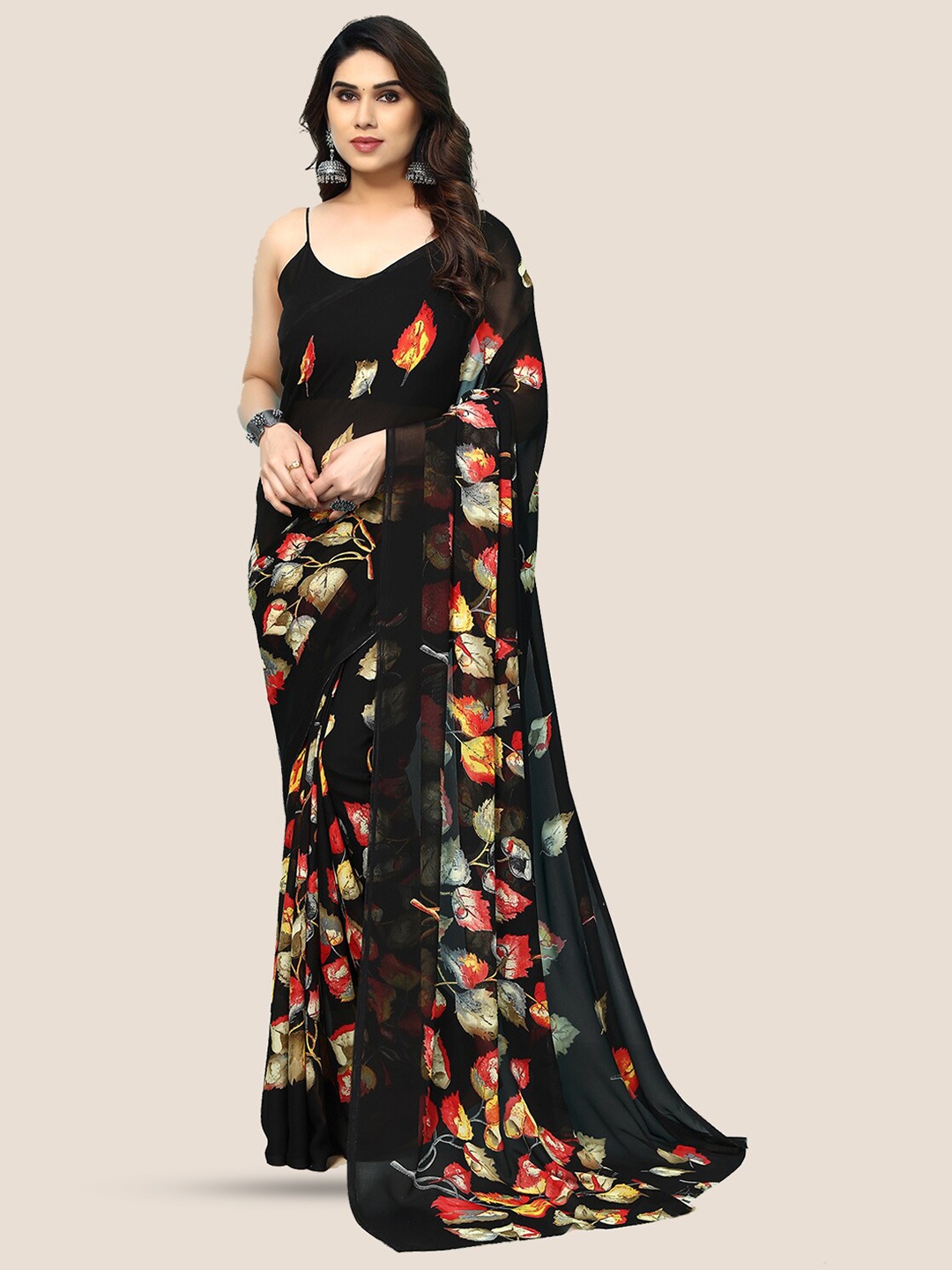 ANAND SAREES Floral Printed Pure Georgette Saree, Black
