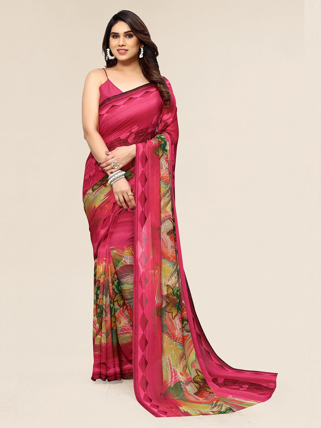 

KALINI Floral Printed Pure Georgette Saree, Pink