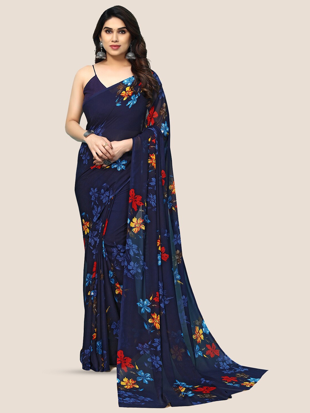 

ANAND SAREES Floral Printed Pure Georgette Saree, Navy blue