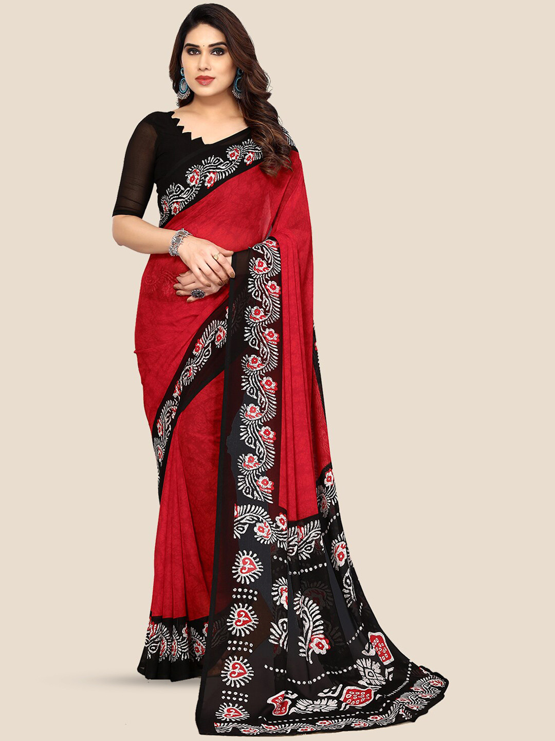 

ANAND SAREES Abstract Printed Pure Georgette Saree, Red