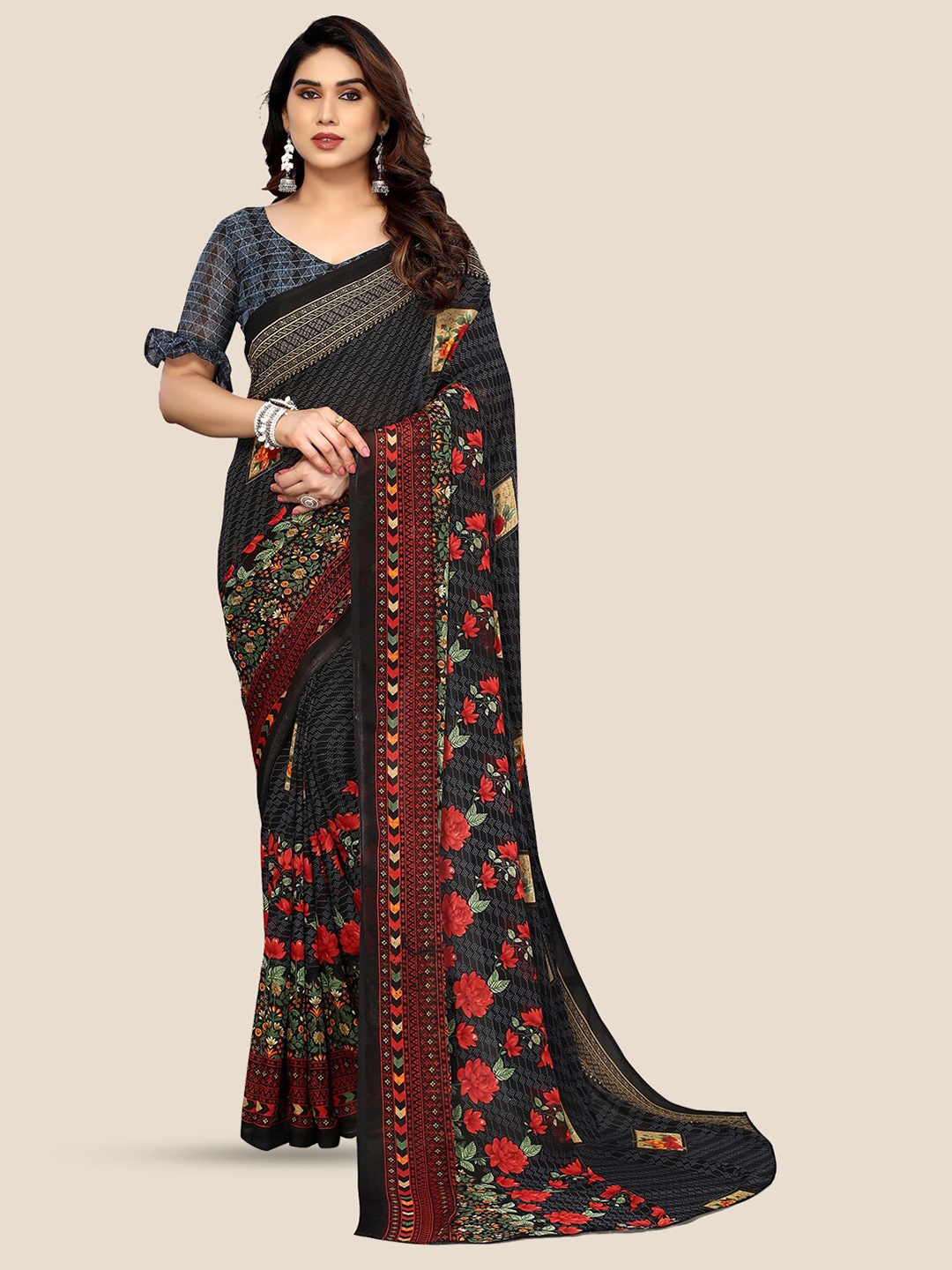 

ANAND SAREES Floral Printed Pure Georgette Saree, Black