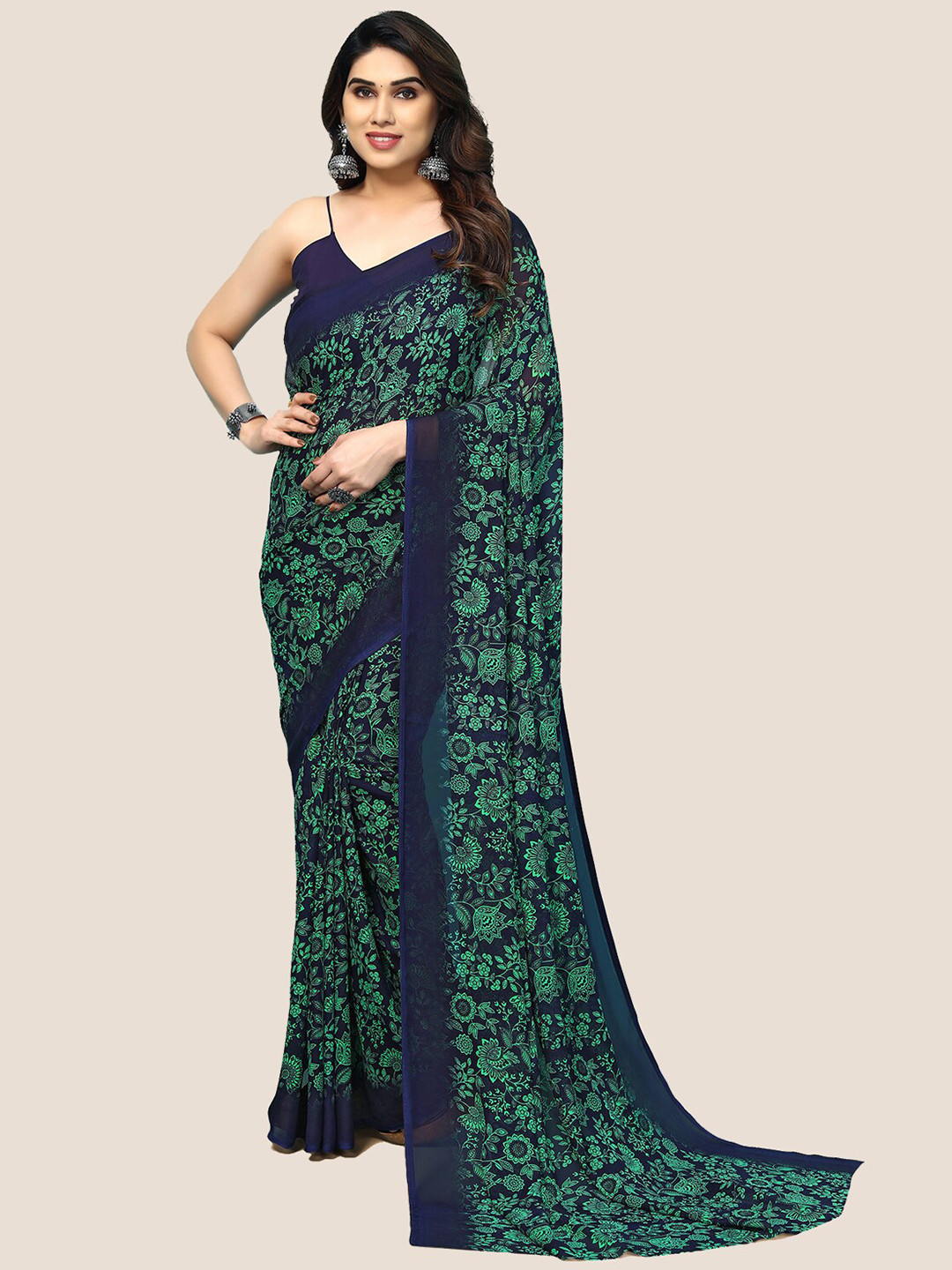 

ANAND SAREES Floral Printed Pure Georgette Saree, Navy blue