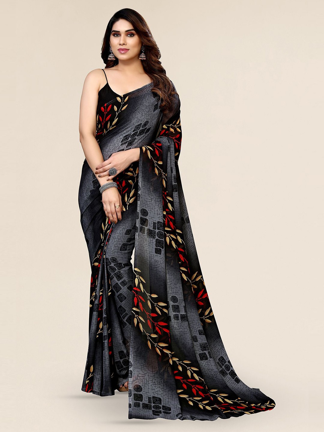 

ANAND SAREES Floral Printed Pure Georgette Saree, Grey