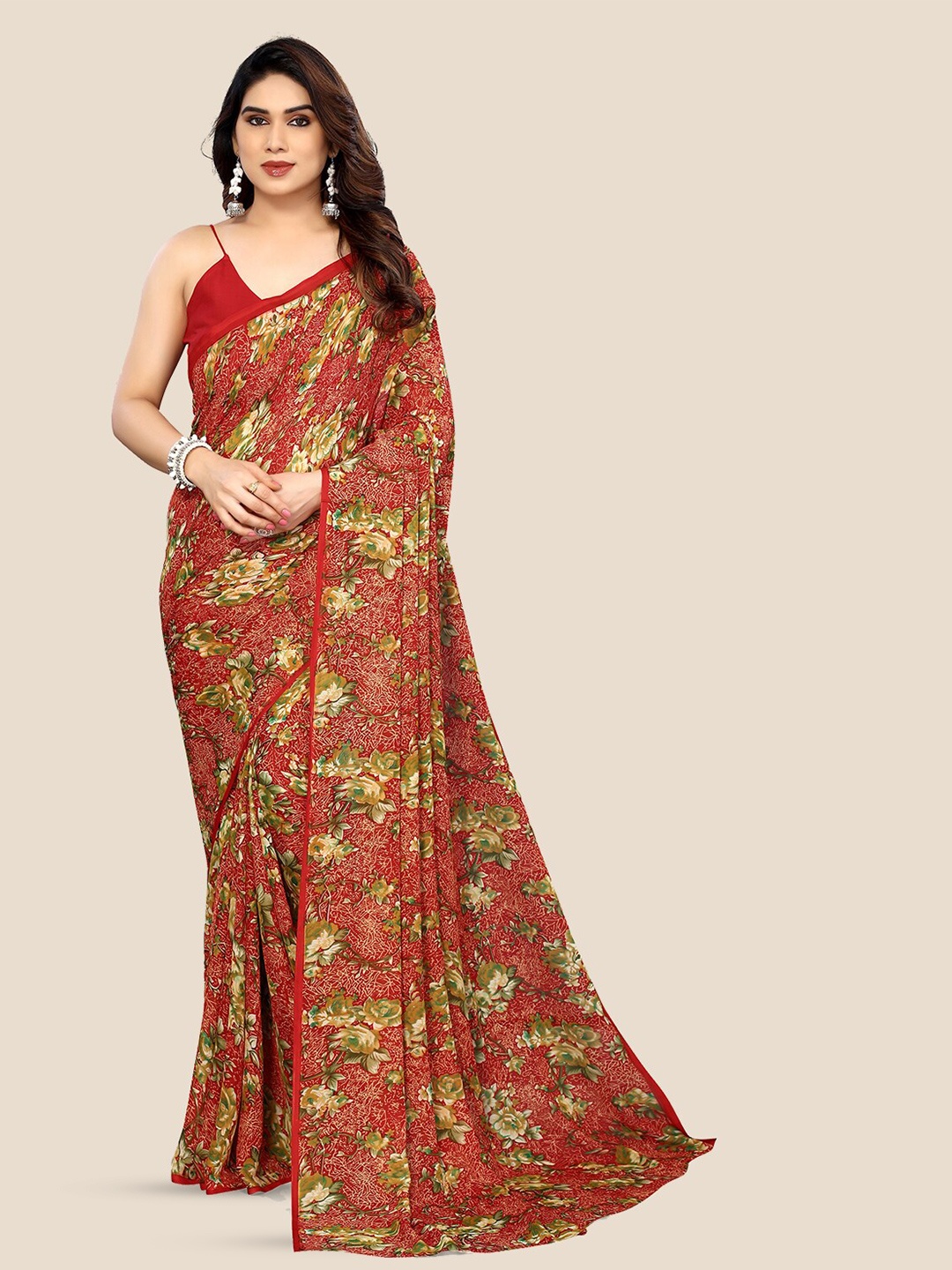 

ANAND SAREES Floral Printed Pure Georgette Saree, Red