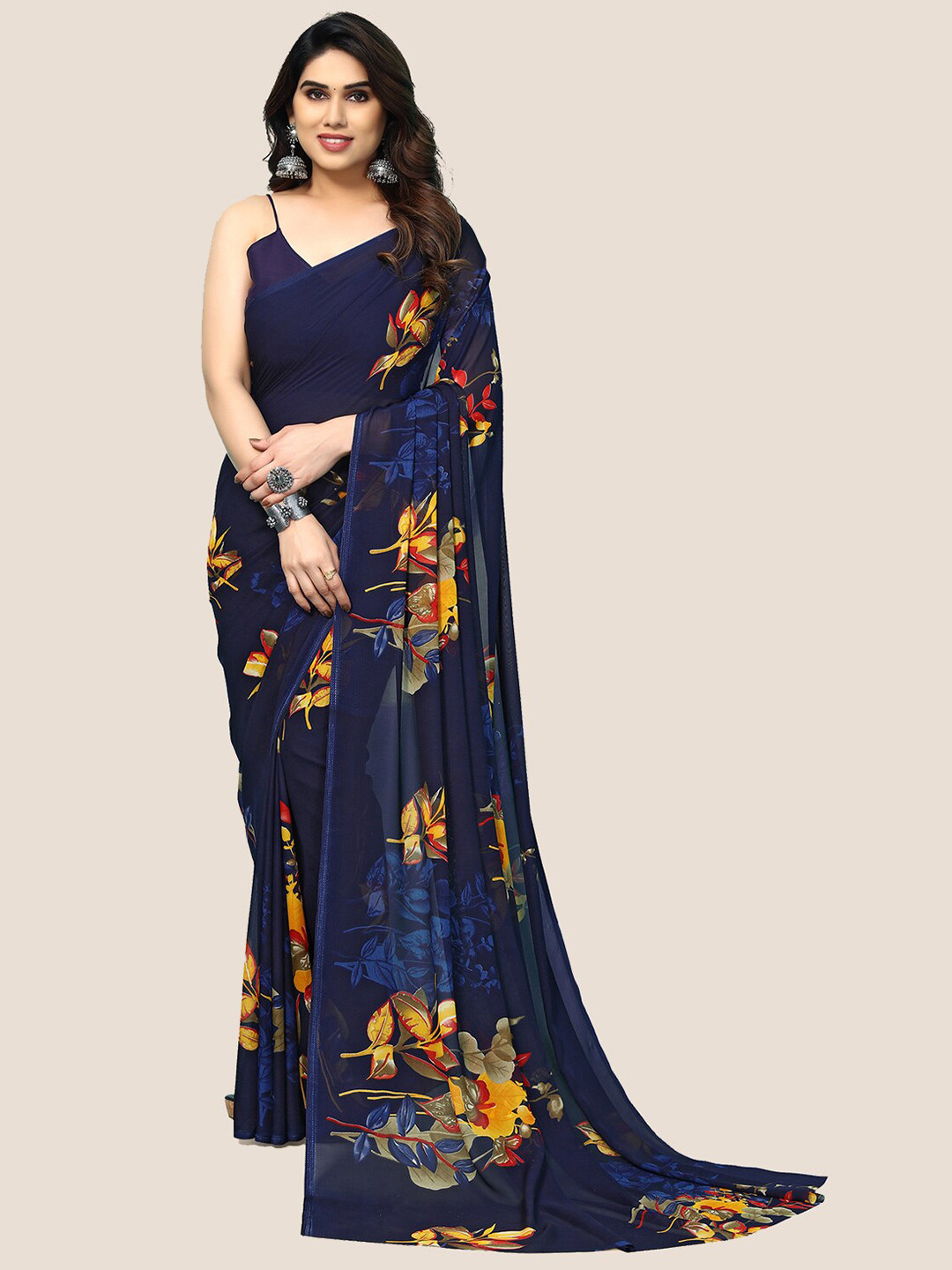 

ANAND SAREES Floral Printed Pure Georgette Saree, Navy blue