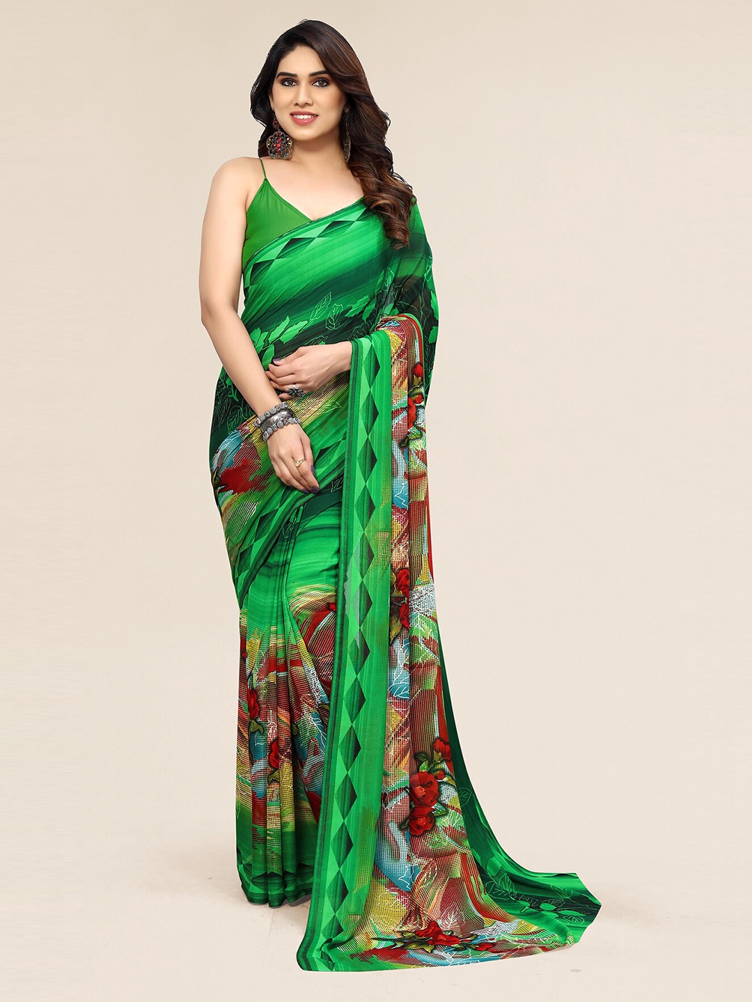 

KALINI Floral Printed Pure Georgette Saree, Green