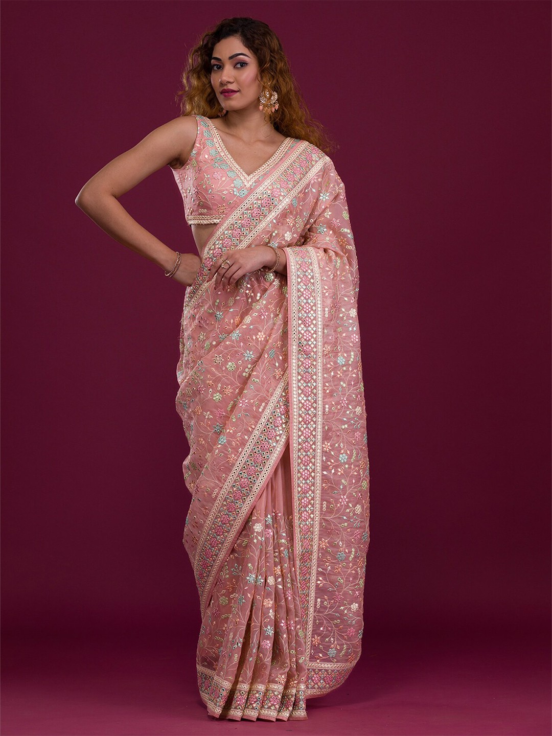 

Koskii Floral Embroidered Mirror Work Saree, Pink