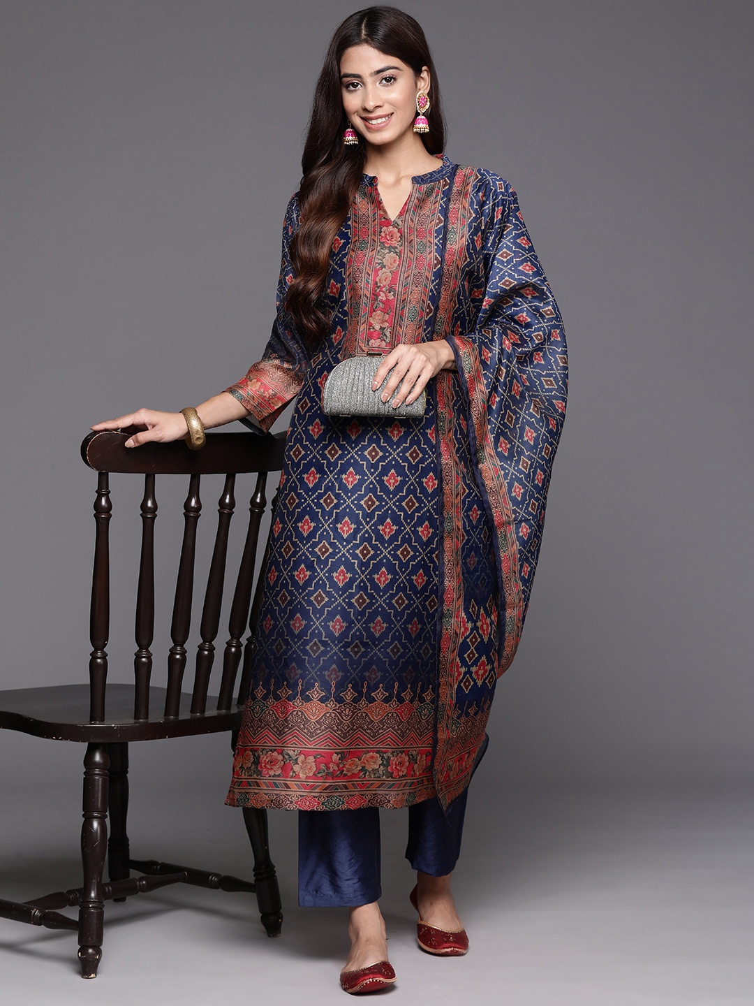

Varanga Ethnic Motifs Printed Chanderi Silk Kurta with Trousers & Dupatta, Navy blue