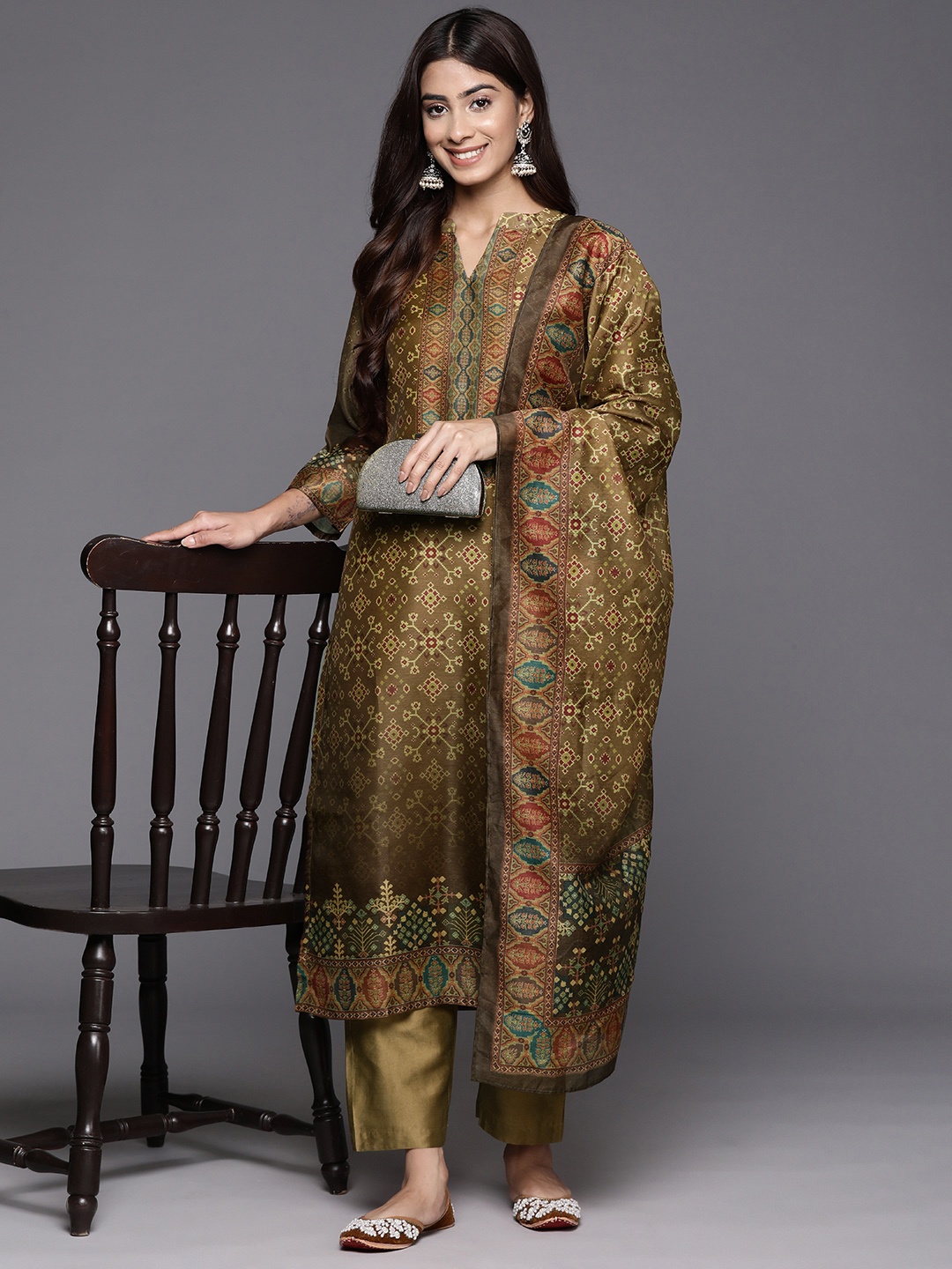 Varanga Ethnic Motifs Printed Regular Chanderi Silk Kurta with Trousers & Dupatta, Olive