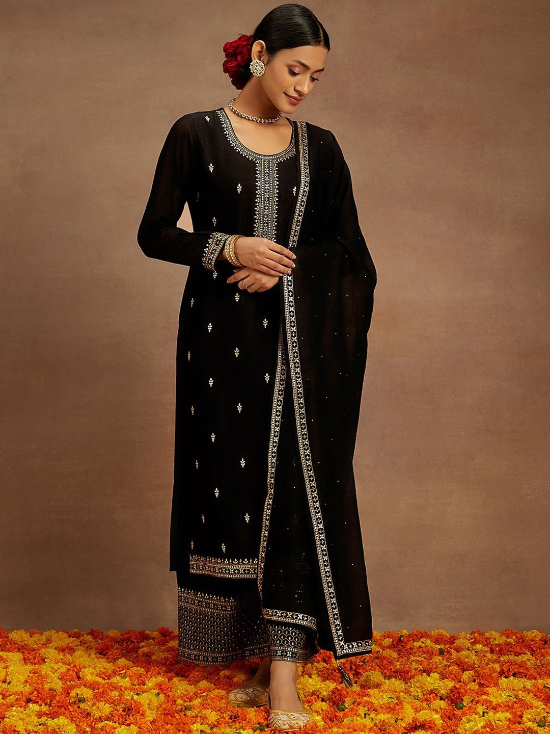 

Libas Floral Embroidered Regular Sequinned Kurta With Palazzos & With Dupatta, Black