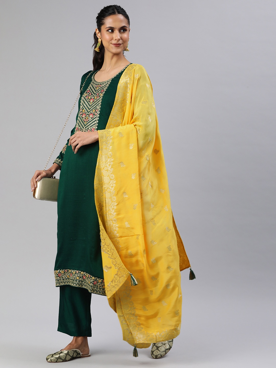 

Rani Saahiba Ethnic Motifs Yoke Design Thread Work Cotton Kurta with Trousers & Dupatta, Green