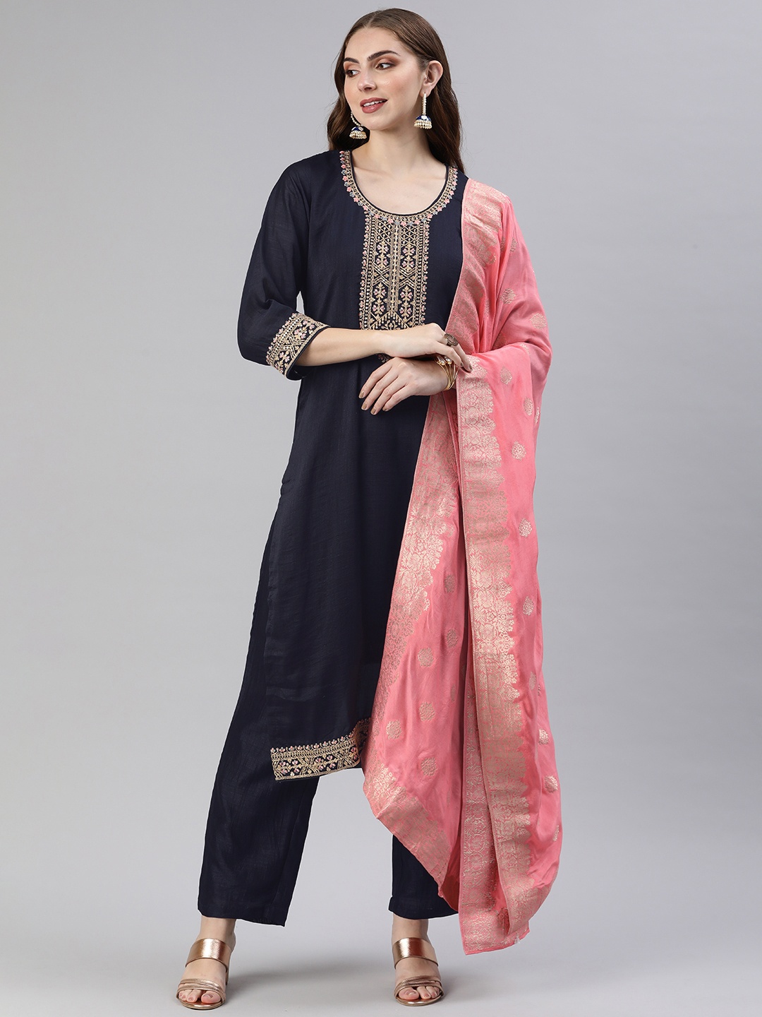 

Rani Saahiba Ethnic Motifs Yoke Design Sequinned Cotton Kurta with Trousers & Dupatta, Navy blue