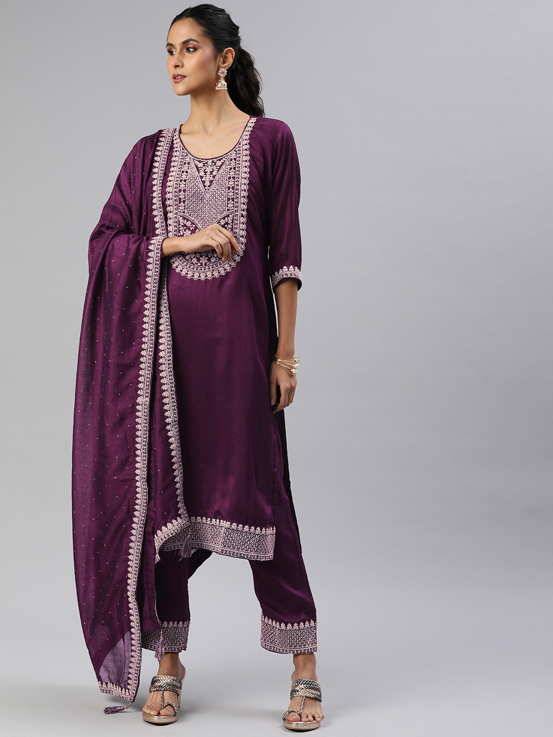 

Rani Saahiba Ethnic Motifs Yoke Design Cotton Thread Work Kurta with Trousers & Dupatta, Burgundy