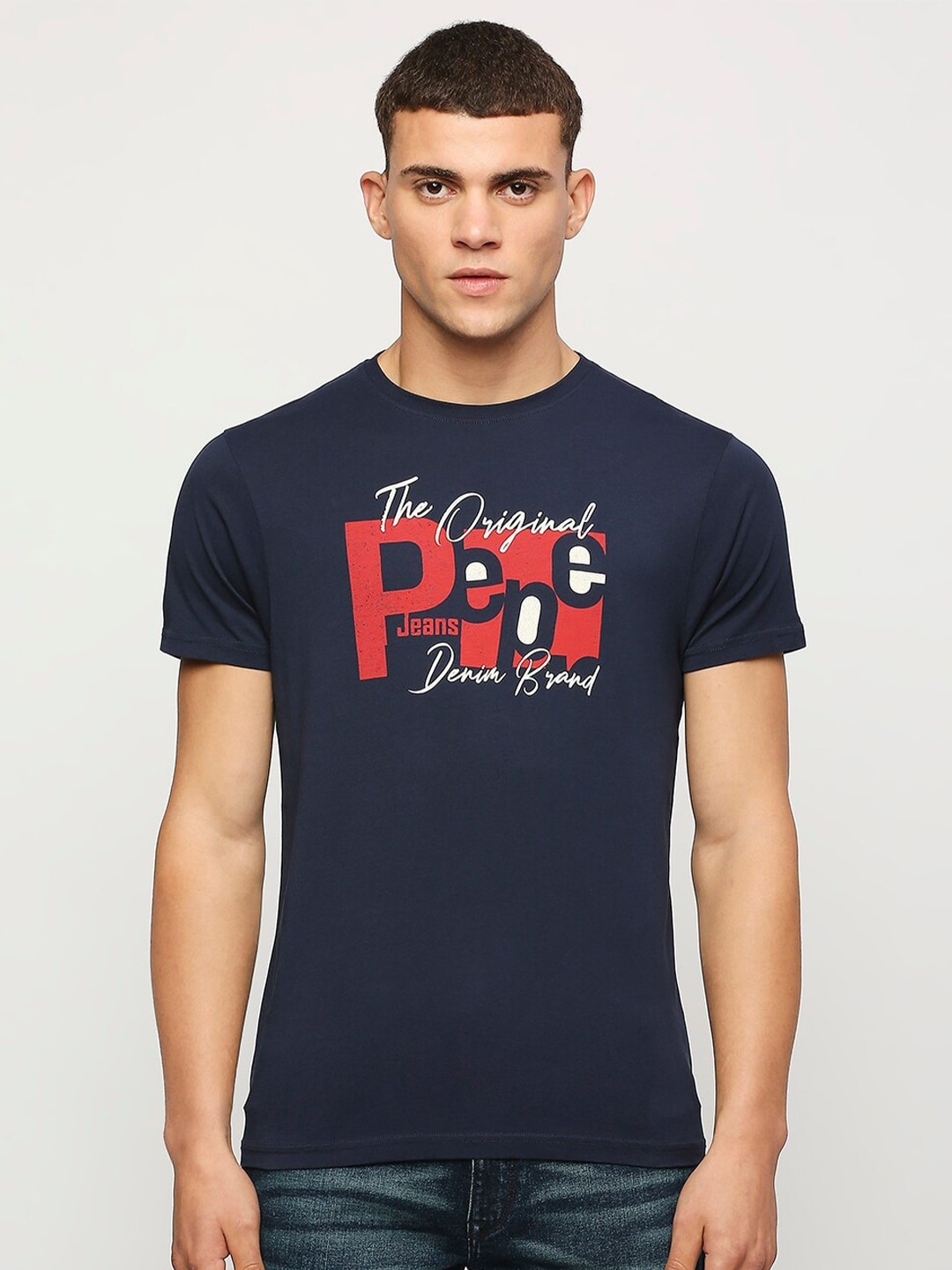 Pepe Jeans Typography Printed Cotton Slim Fit T-shirt, Blue