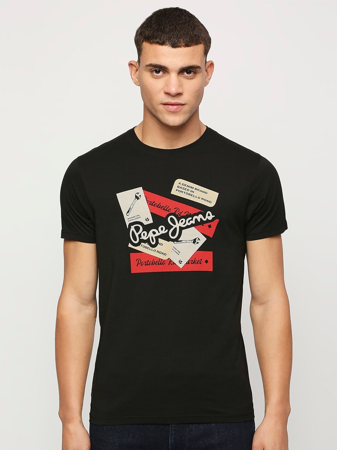 

Pepe Jeans Typography Printed Cotton Slim Fit T-shirt, Black