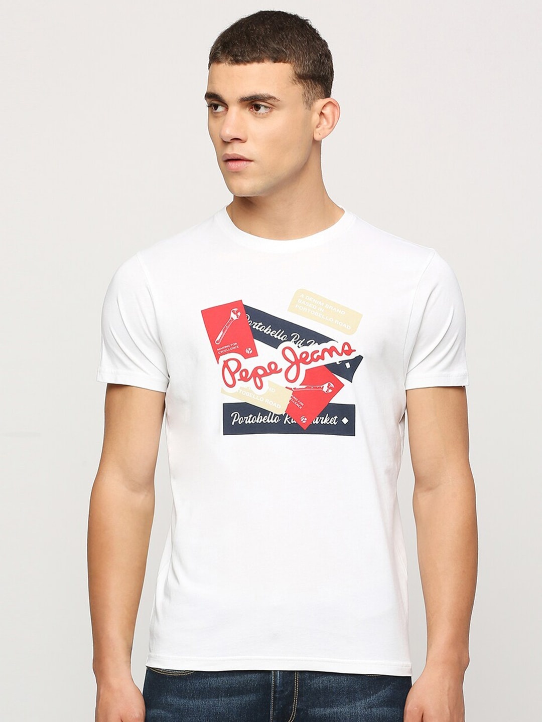 Pepe Jeans Typography Printed Cotton Slim Fit T-shirt, White