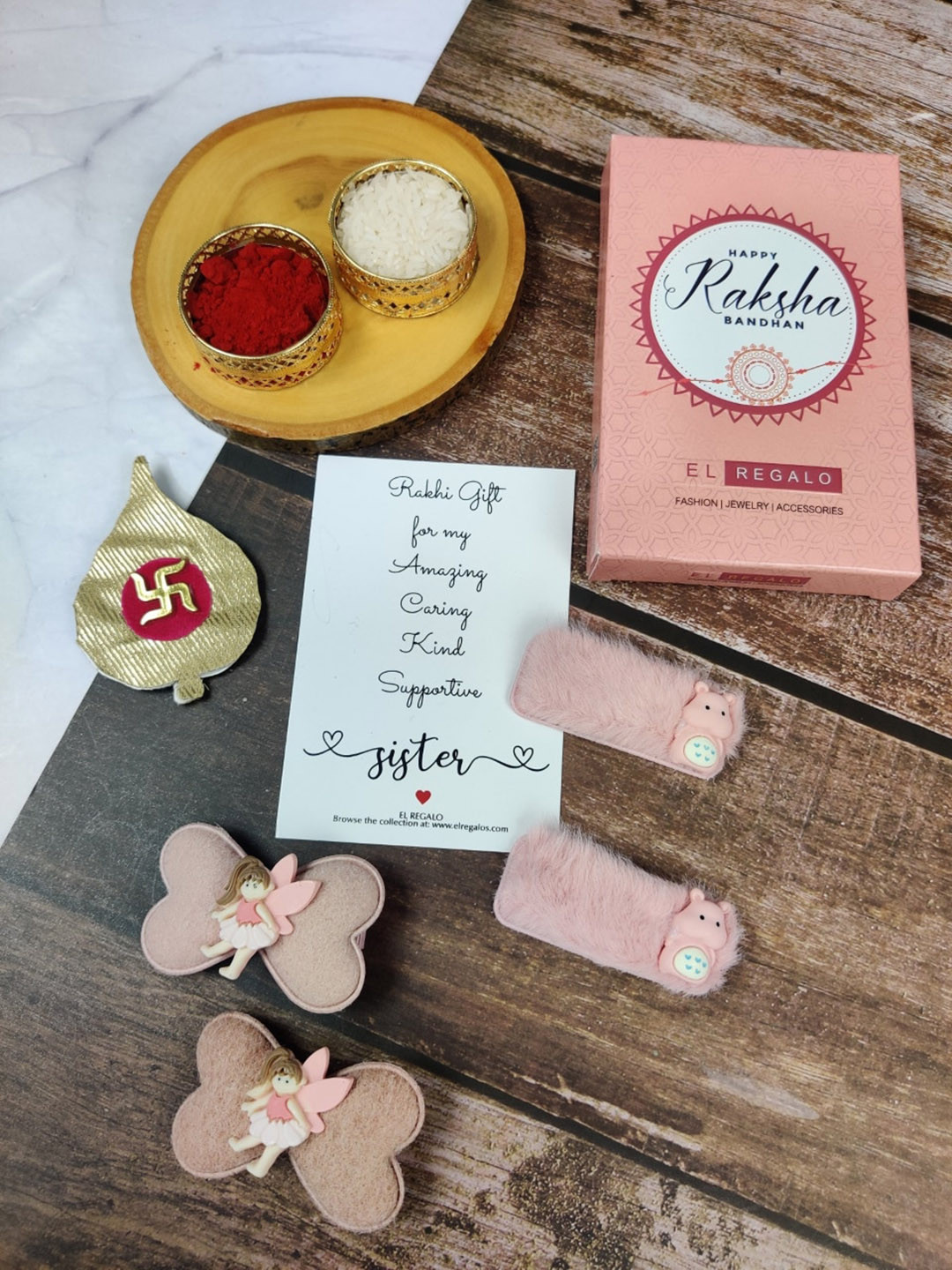 

EL REGALO Kids 4 Pack Pink color Alloy Rakhi Hair Accessory Gift Set