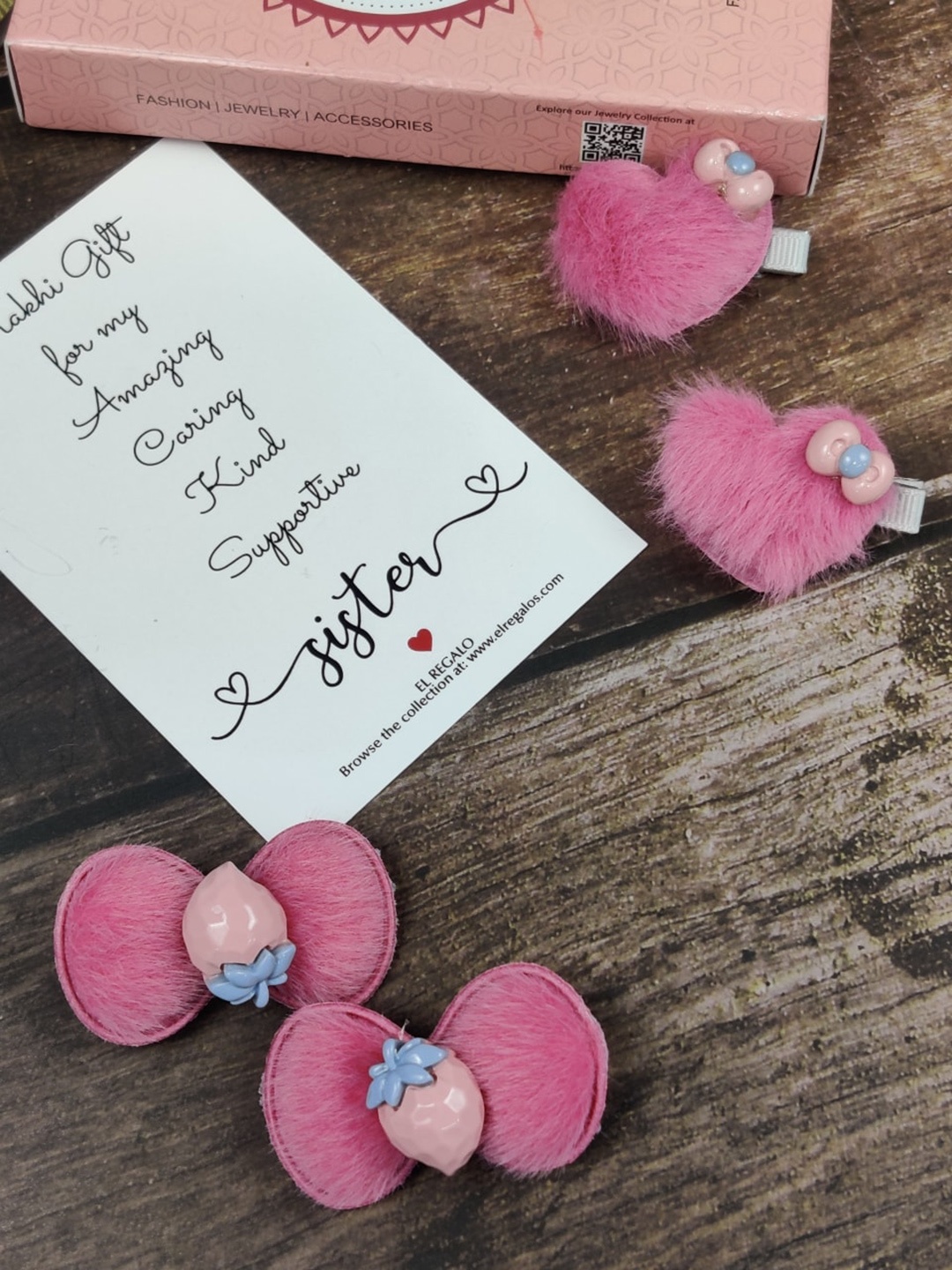 

EL REGALO Girls Set of 4 Hair Accessory Rakhi Gift Set, Pink
