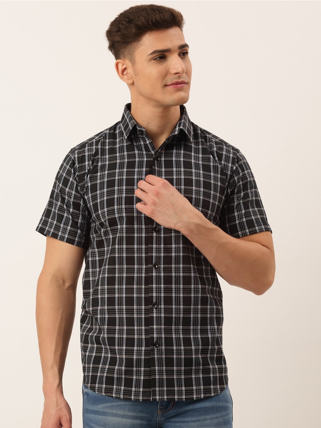 

JAINISH Classic Tartan Checked Pure Cotton Casual Shirt, Black