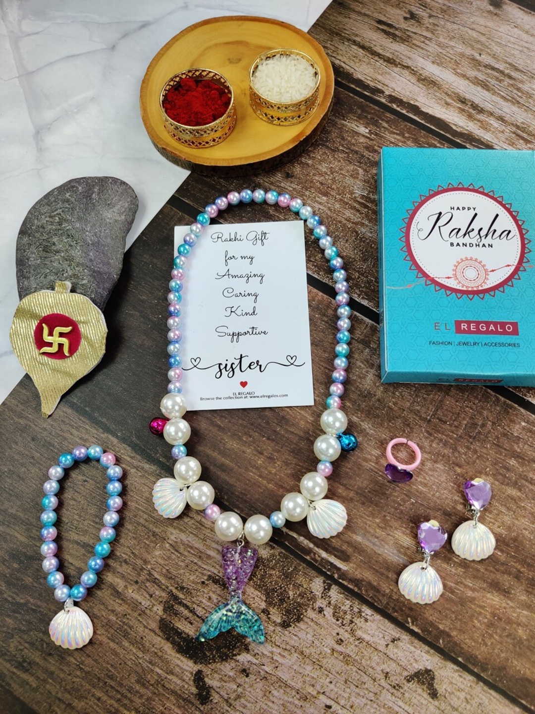 

EL REGALO Girls Set of 4 Jewellery Rakhi Gift Set, Blue