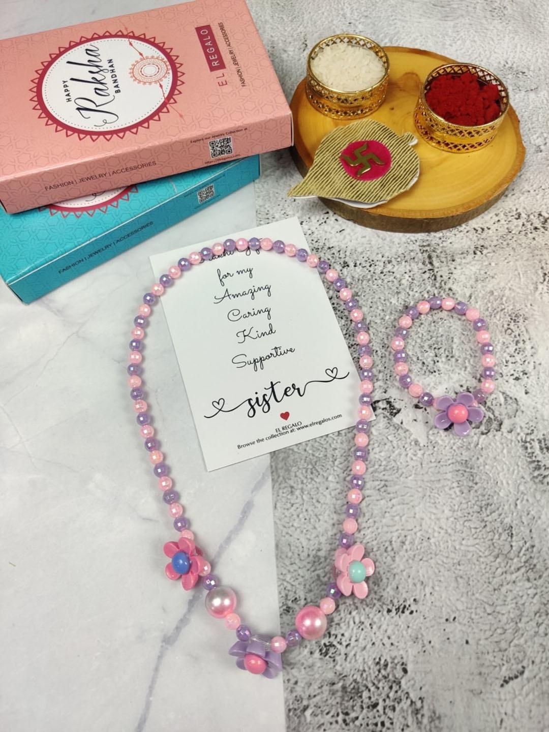 EL REGALO Girls Set of 2 Jewellery Rakhi Gift Set, Pink
