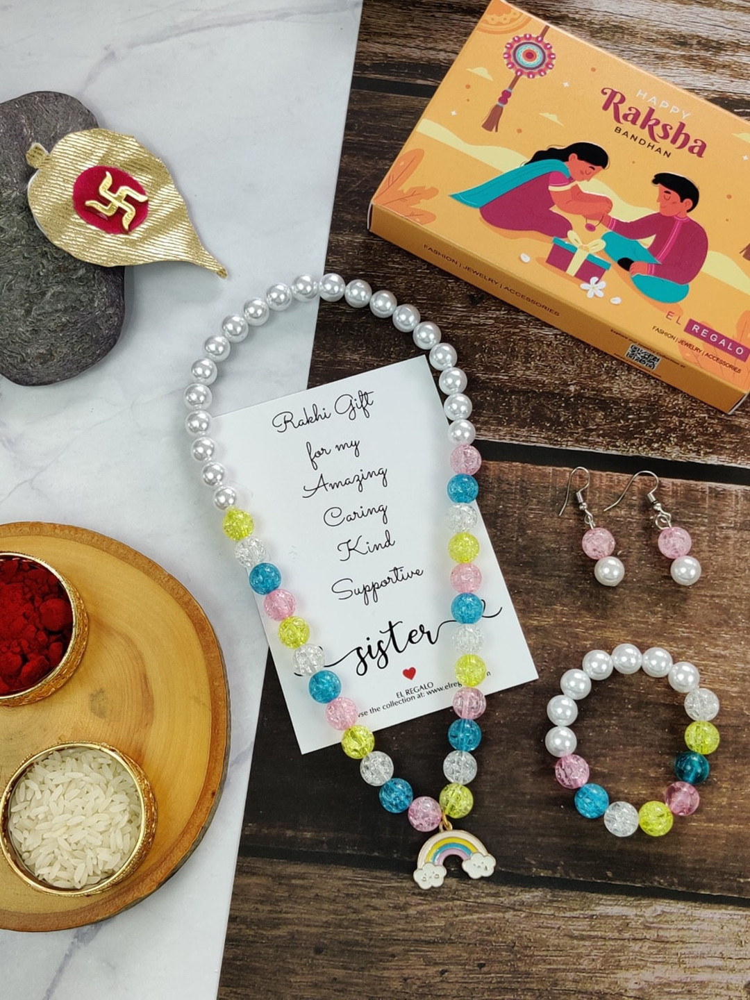 

EL REGALO Girls Set of 3 Jewellery Rakhi Gift Set, White