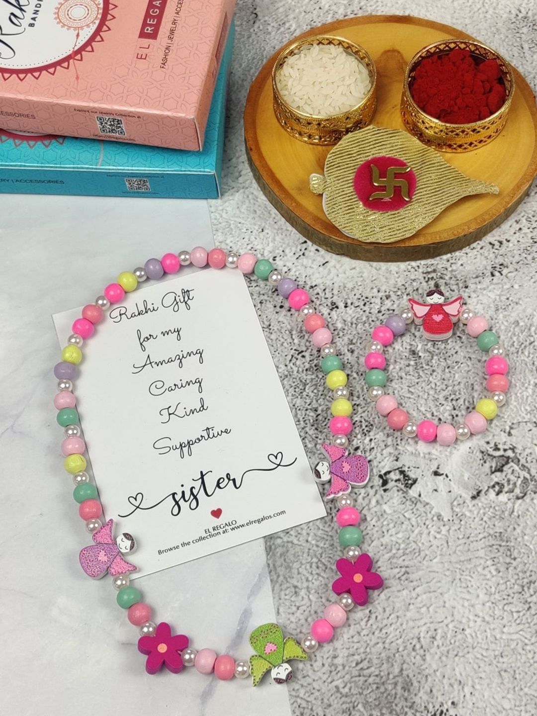 

EL REGALO Girls Set of 2 Rakhi Gift Jewellery Set, Pink