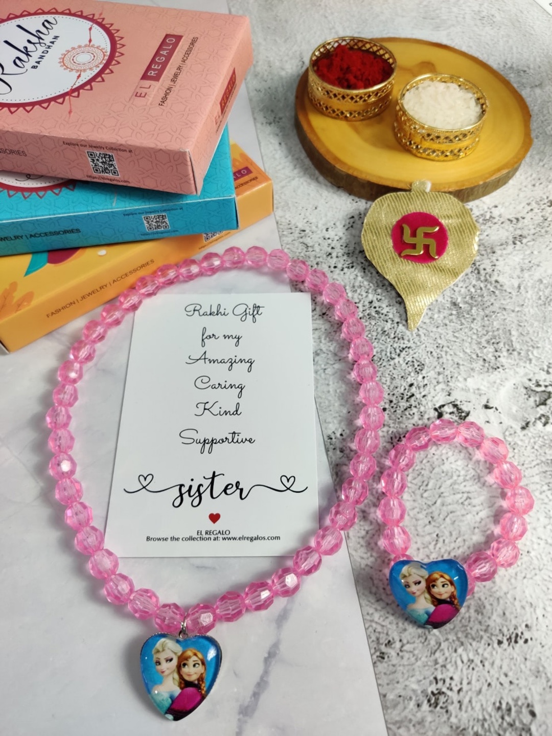 EL REGALO Girls Set of 2 Jewellery Rakhi Gift Set, Pink